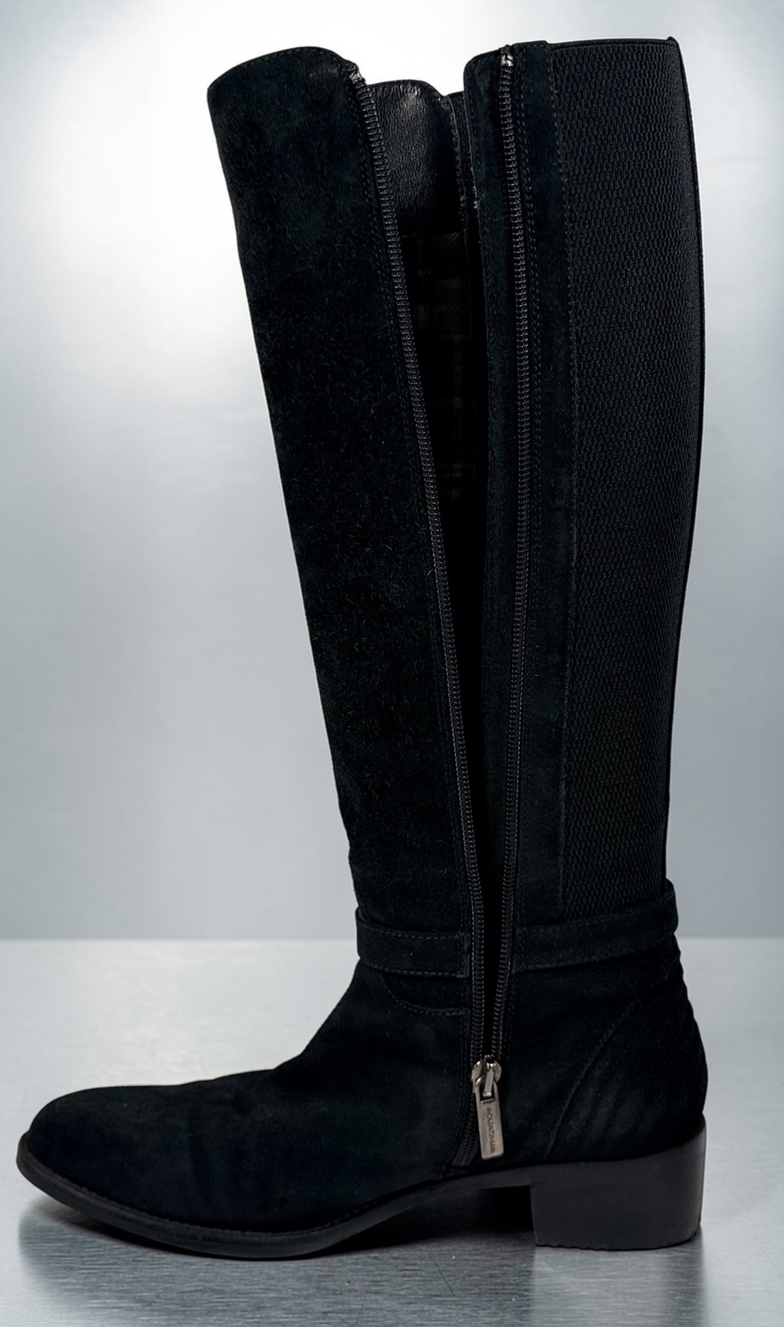 Aquatalia ULLY black suede knee-high boots size 7, Italian leather, stretch panel, zip closure, durable lug sole, stylish designer winter footwear.