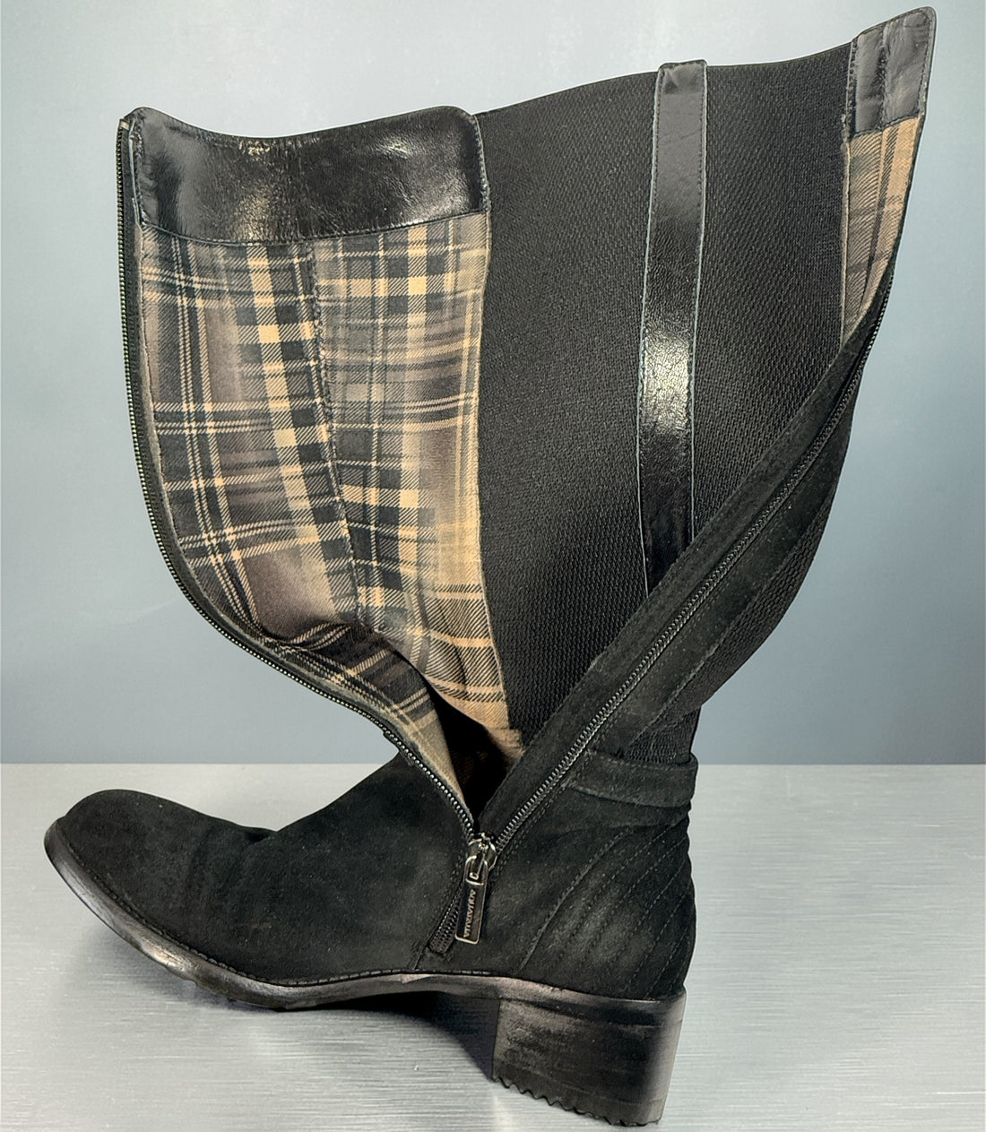 Aquatalia ULLY black suede knee-high boots size 7, Italian leather, stretch panel, zip closure, durable lug sole, stylish designer winter footwear.