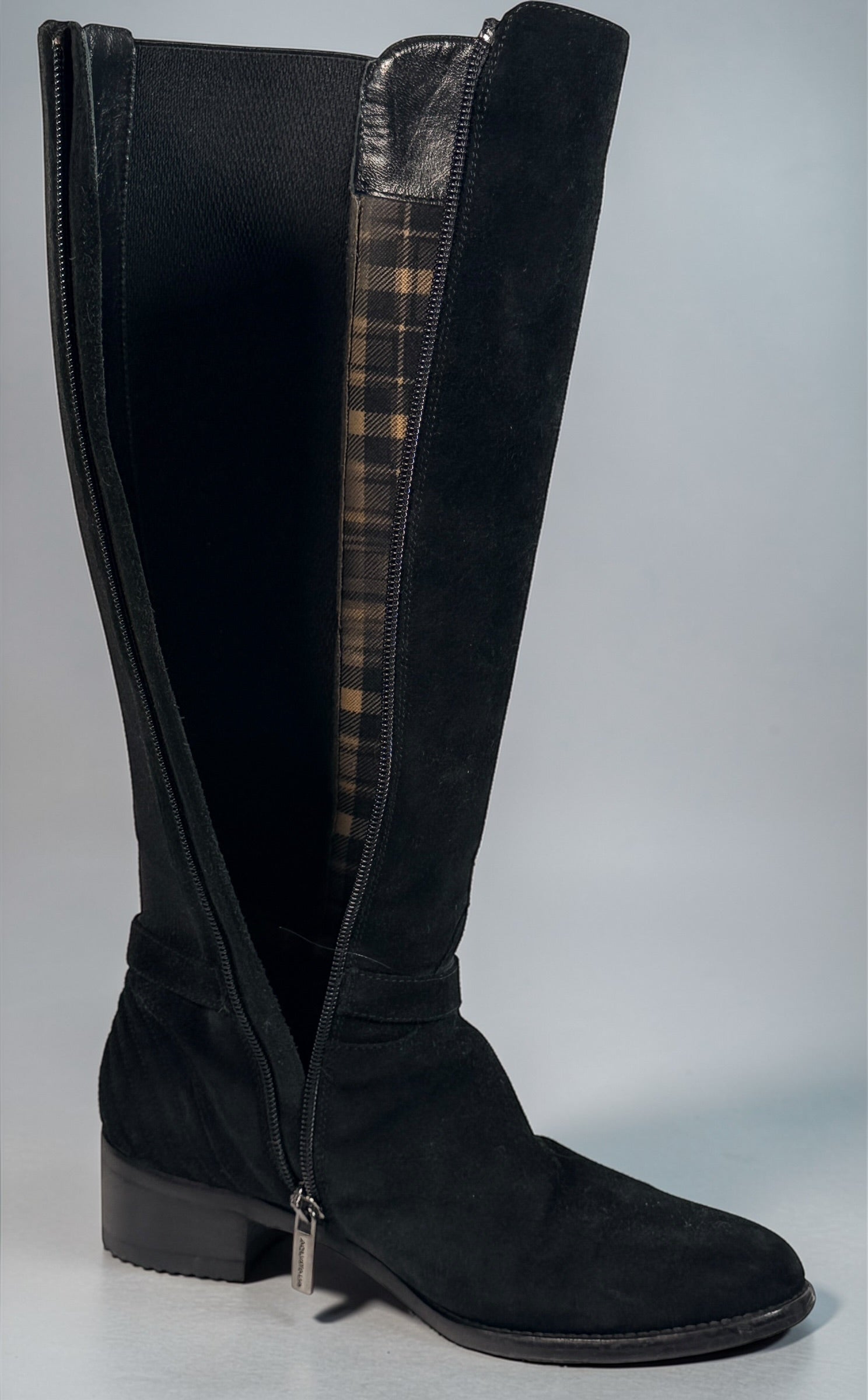 Aquatalia ULLY black suede knee-high boots size 7, Italian leather, stretch panel, zip closure, durable lug sole, stylish designer winter footwear.