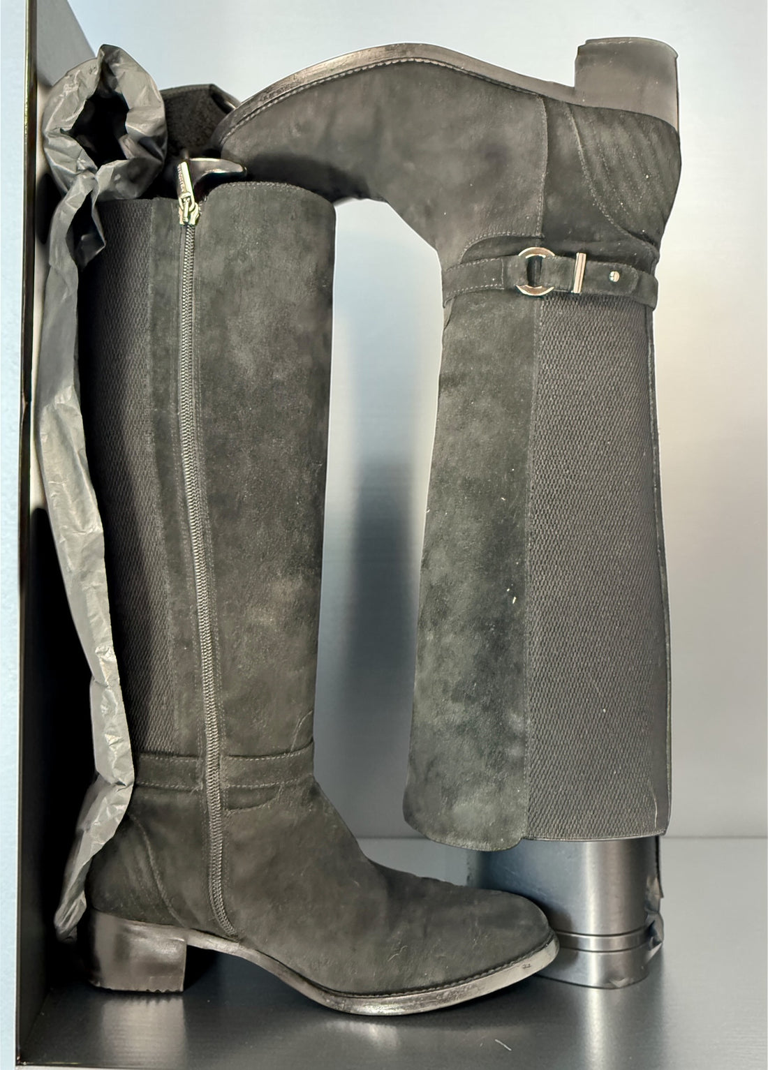 Bottes hautes Aquatalia ULLY en daim noir, cuir italien, taille 7.