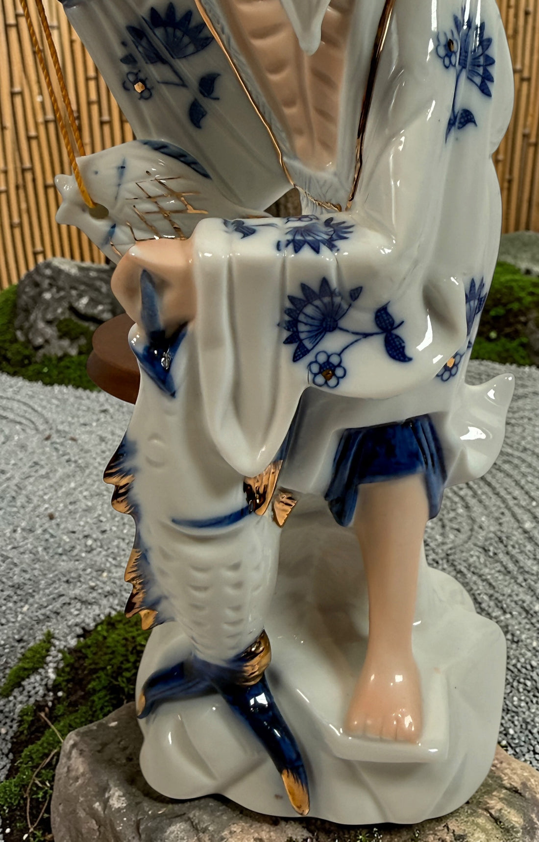 Vintage Japanese porcelain fisherman figurines pair blue white gold mid century export decor collectible Asian style display statues Japan.