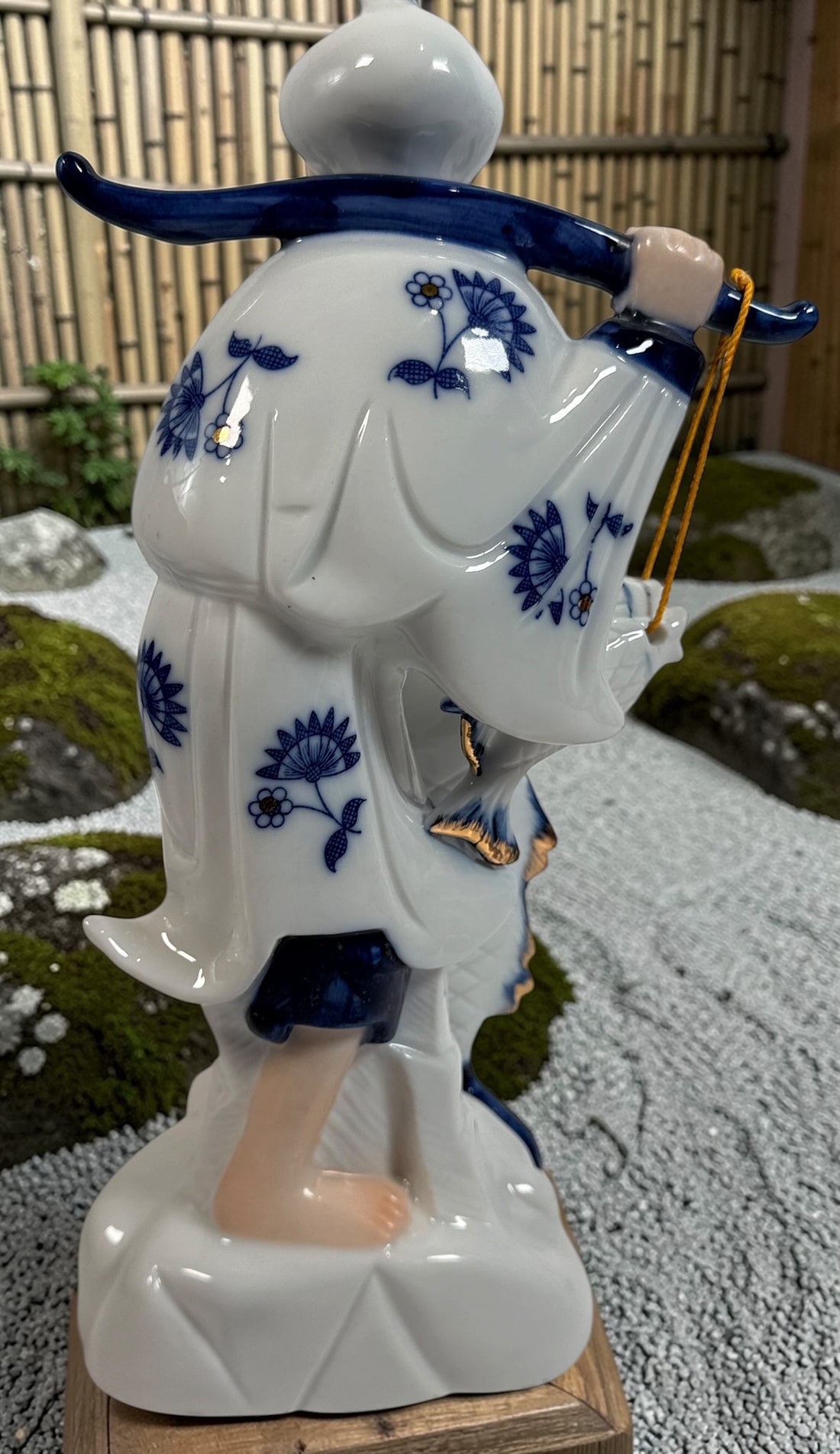 Vintage Japanese porcelain fisherman figurines pair blue white gold mid century export decor collectible Asian style display statues Japan.