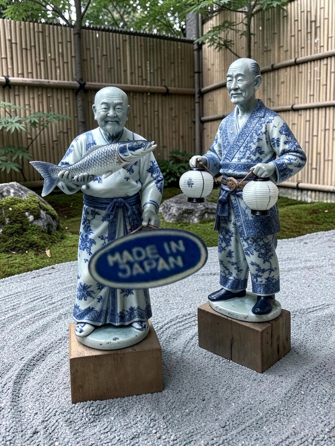 Figurines de pêcheurs japonais en porcelaine vintage, couple bleu, blanc et or.