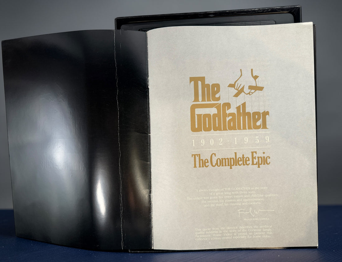 Vintage Godfather Complete Epic VHS box set with 3 tapes and booklet. Chronological edition from Paramount, collectible classic film release.