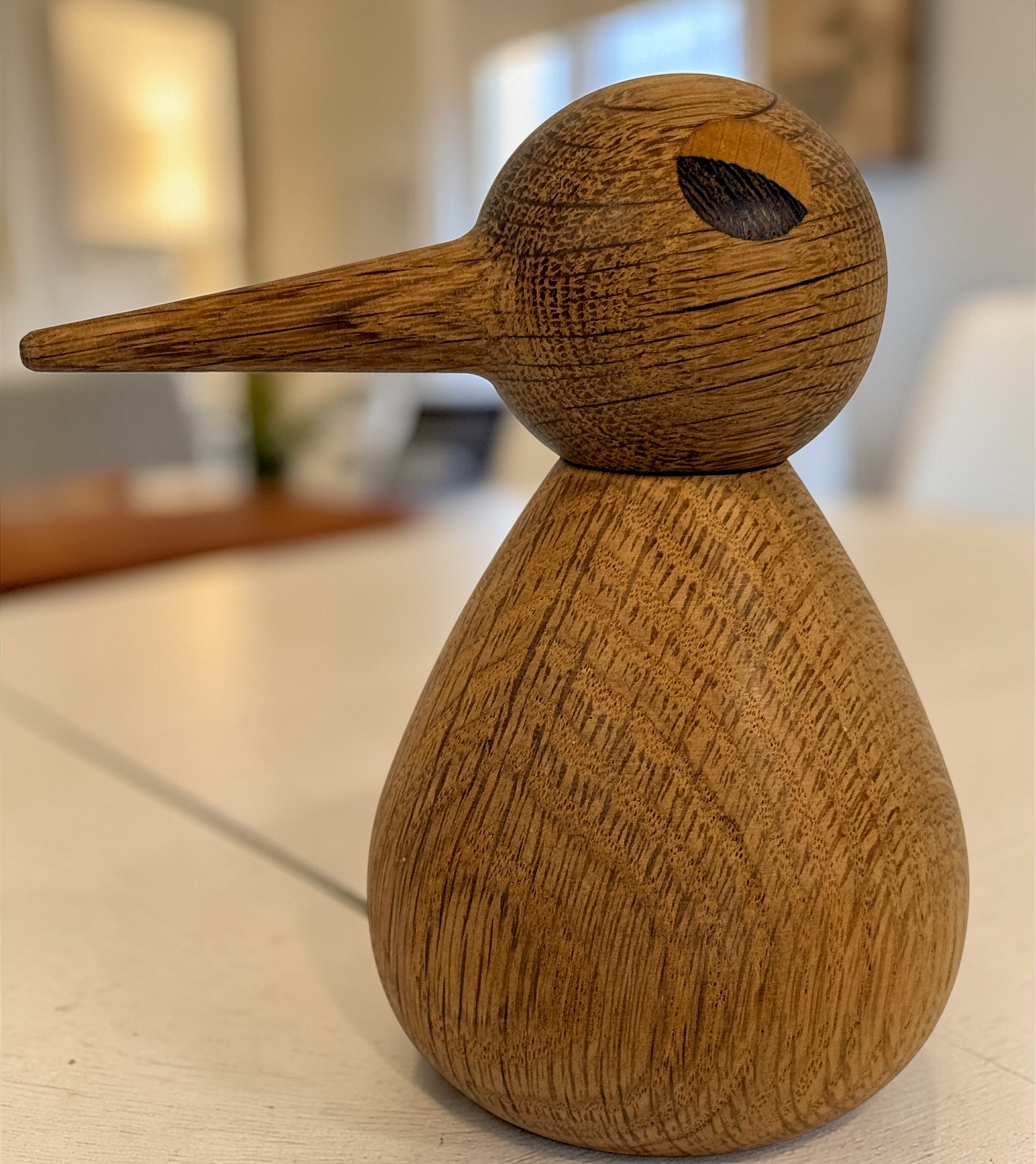 Vedel style wooden bird sculpture with removable head, mid century Scandinavian decor in solid hardwood, minimalist design for shelf or display.