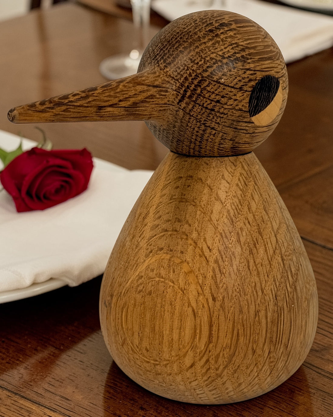 Vedel style wooden bird sculpture with removable head, mid century Scandinavian decor in solid hardwood, minimalist design for shelf or display.