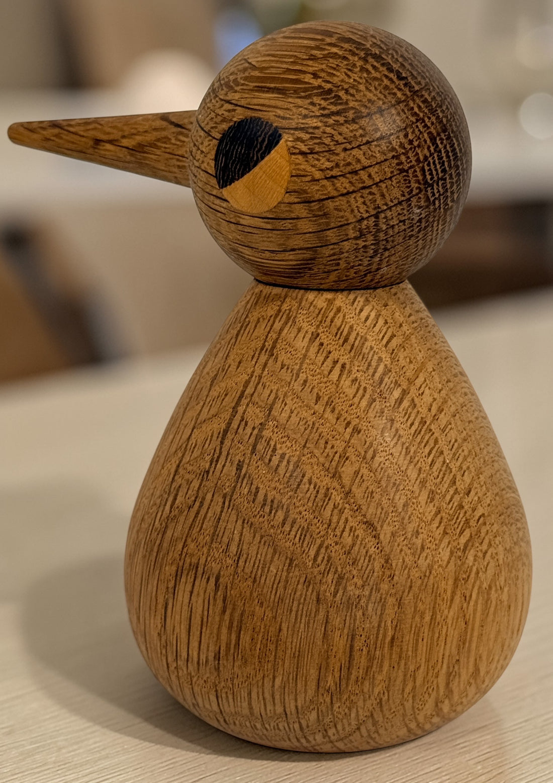 Vedel style wooden bird sculpture with removable head, mid century Scandinavian decor in solid hardwood, minimalist design for shelf or display.