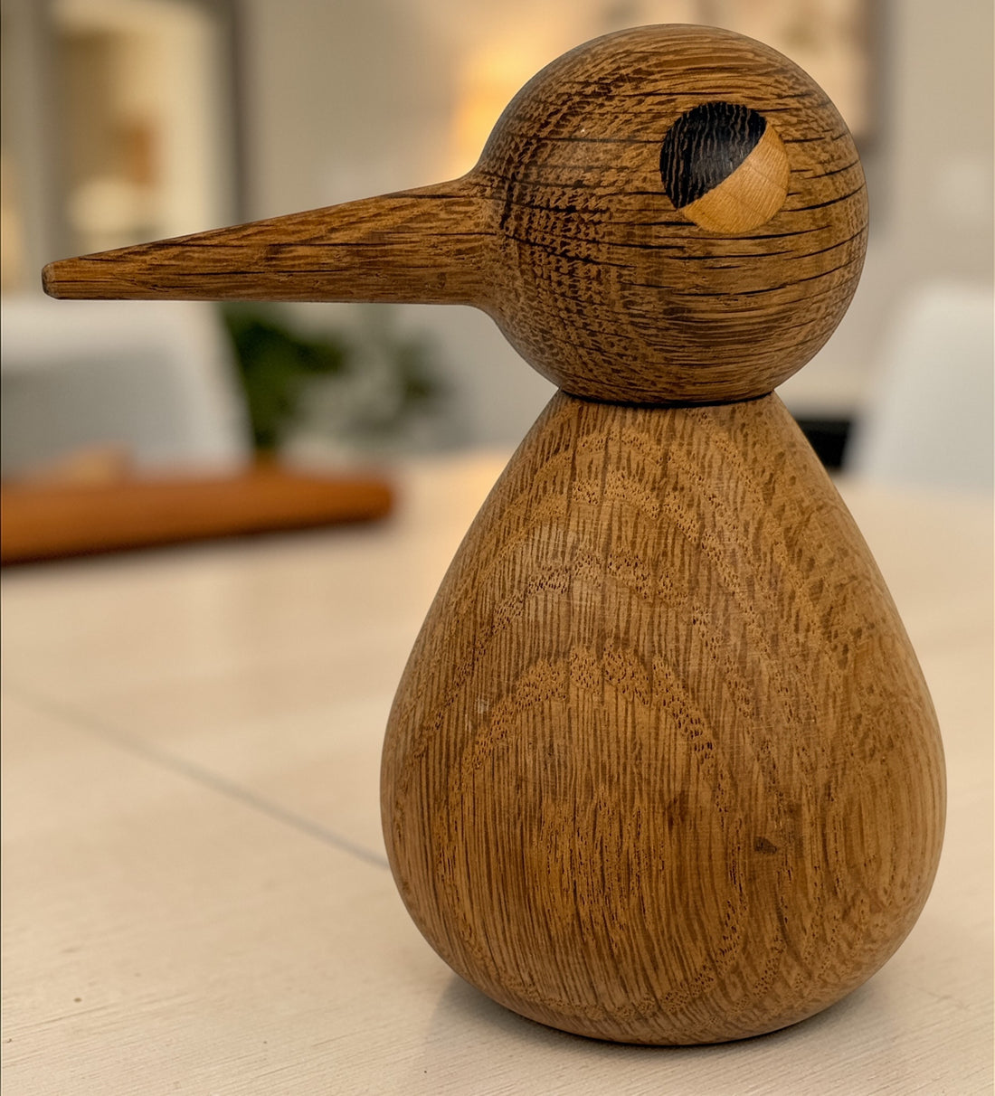 Vedel style wooden bird sculpture with removable head, mid century Scandinavian decor in solid hardwood, minimalist design for shelf or display.