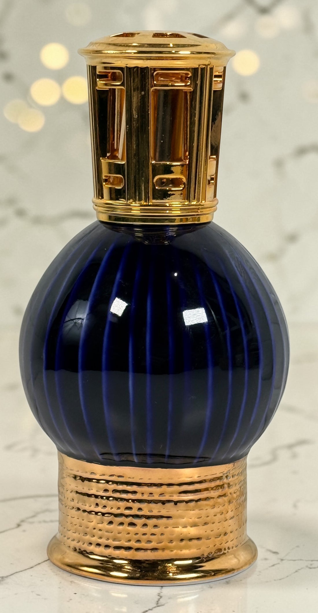 Vintage Lampe Berger Artoria Limoges blue glass fragrance lamp with gold mount. Made in France decorative catalytic lamp, complete and collectible
