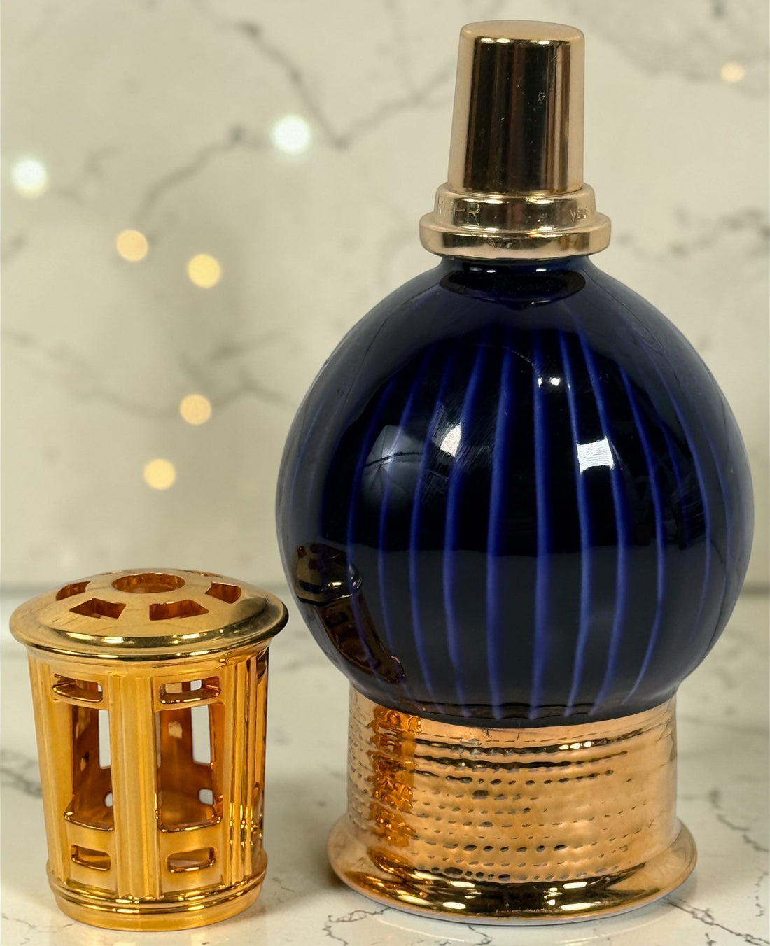 Vintage Lampe Berger Artoria Limoges blue glass fragrance lamp with gold mount. Made in France decorative catalytic lamp, complete and collectible