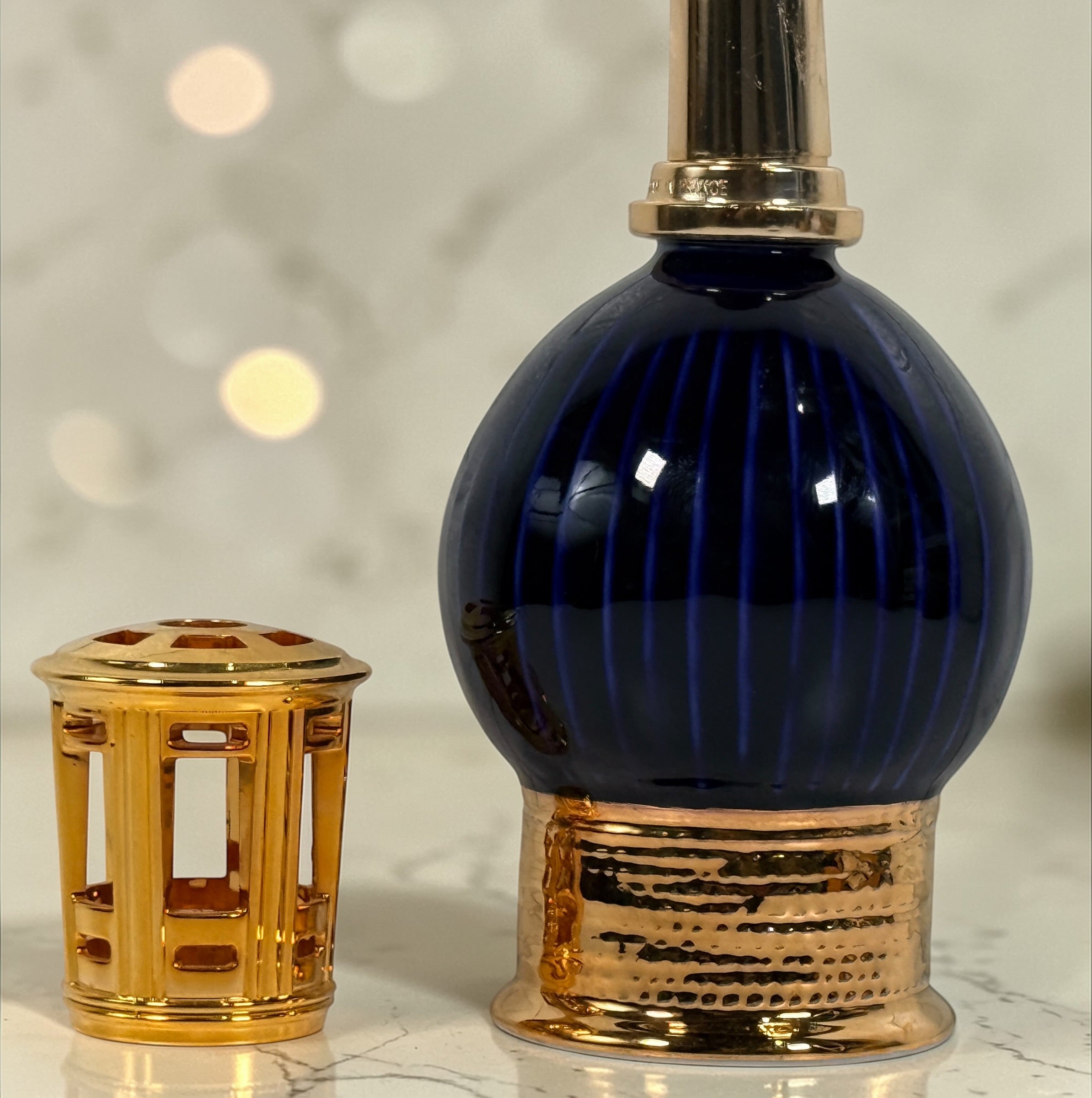 Vintage Lampe Berger Artoria Limoges blue glass fragrance lamp with gold mount. Made in France decorative catalytic lamp, complete and collectible