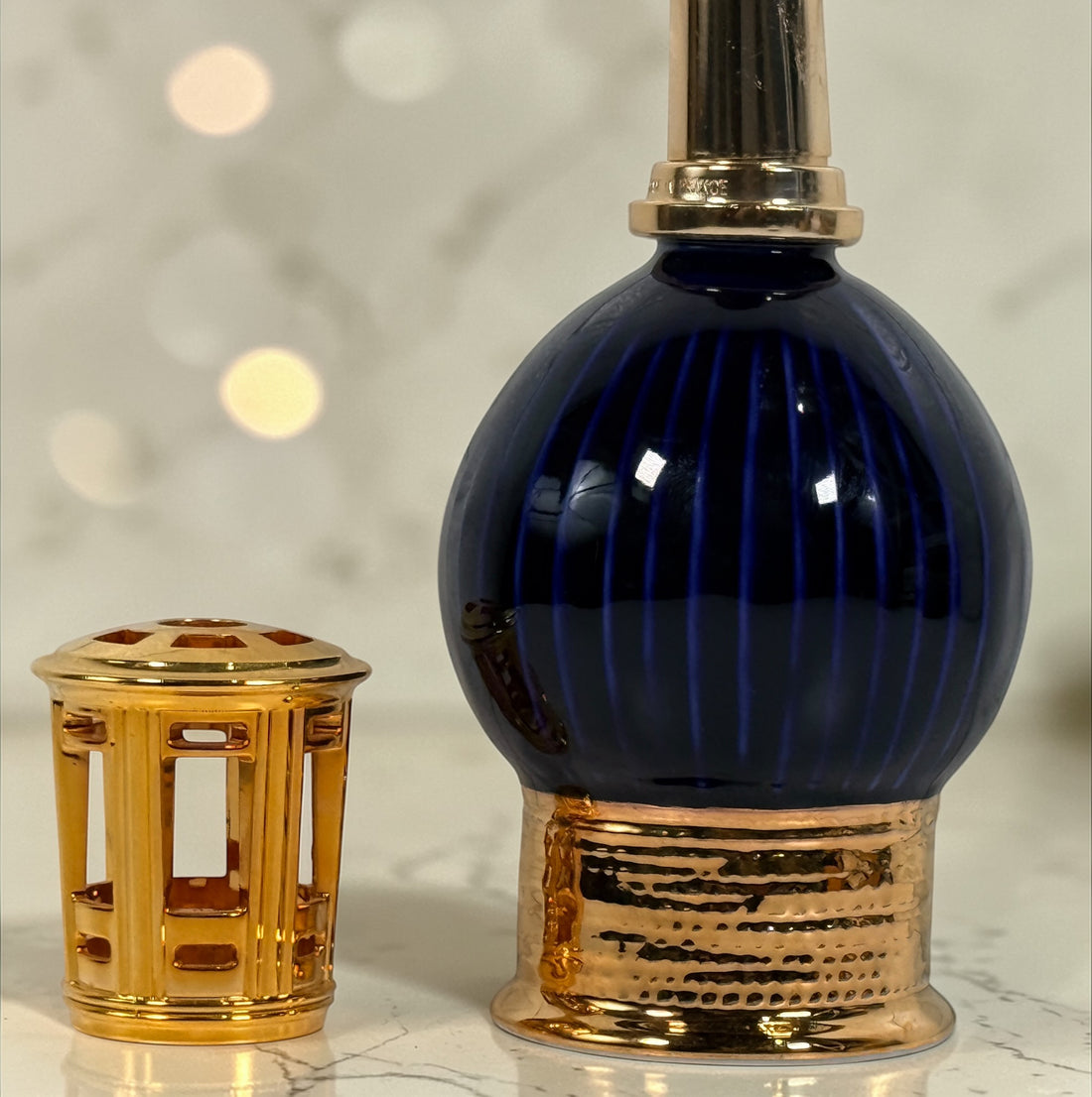 Vintage Lampe Berger Artoria Limoges blue glass fragrance lamp with gold mount. Made in France decorative catalytic lamp, complete and collectible