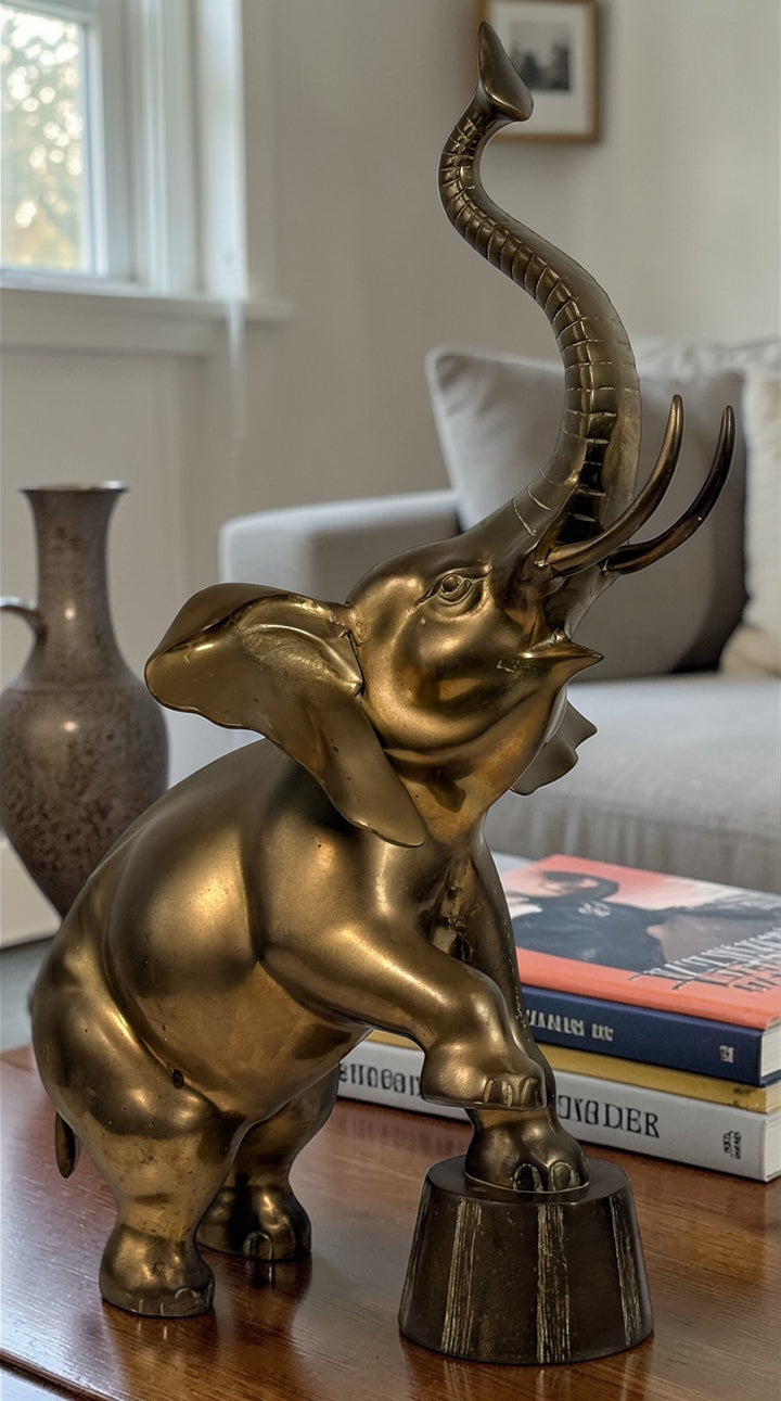 Vintage brass elephant figurine in circus pose with raised trunk. Mid-century decor piece with patina, solid cast construction, and strong display presence.