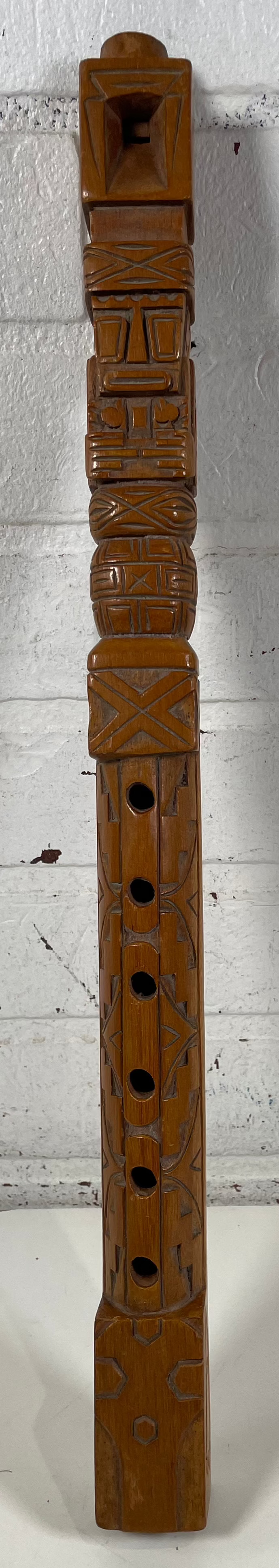 Carved Wooden Totem Pole Whistle Flute Musical Instrument Collectible, L: 19 in