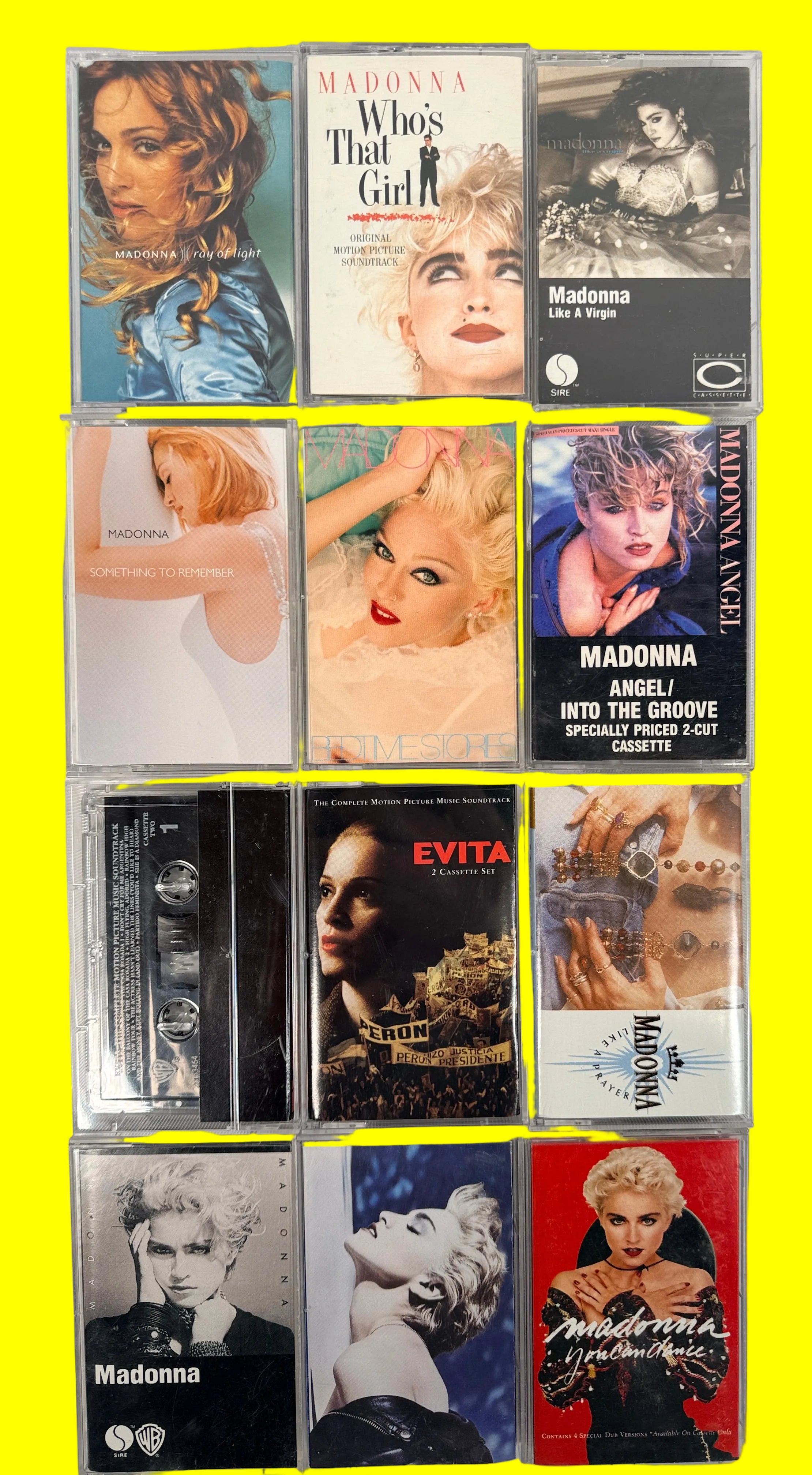 Vintage Madonna cassette tape lot featuring 12 albums from the 80s and 90s including Like a Virgin, True Blue, and Ray of Light, complete with cases.
