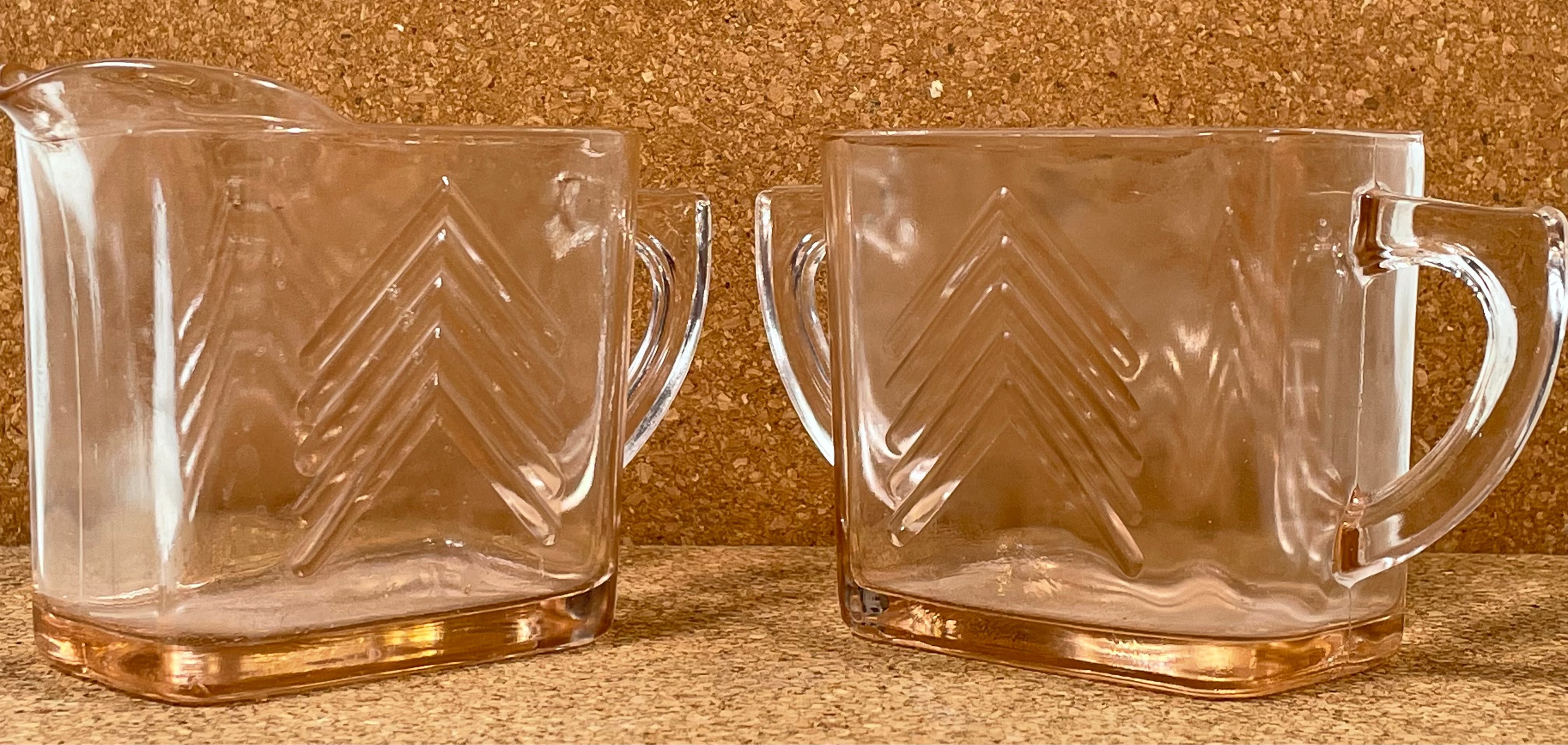 Vintage HAZEL ATLAS PINK Chevron Cream & Sugar Set , Depression Glass.