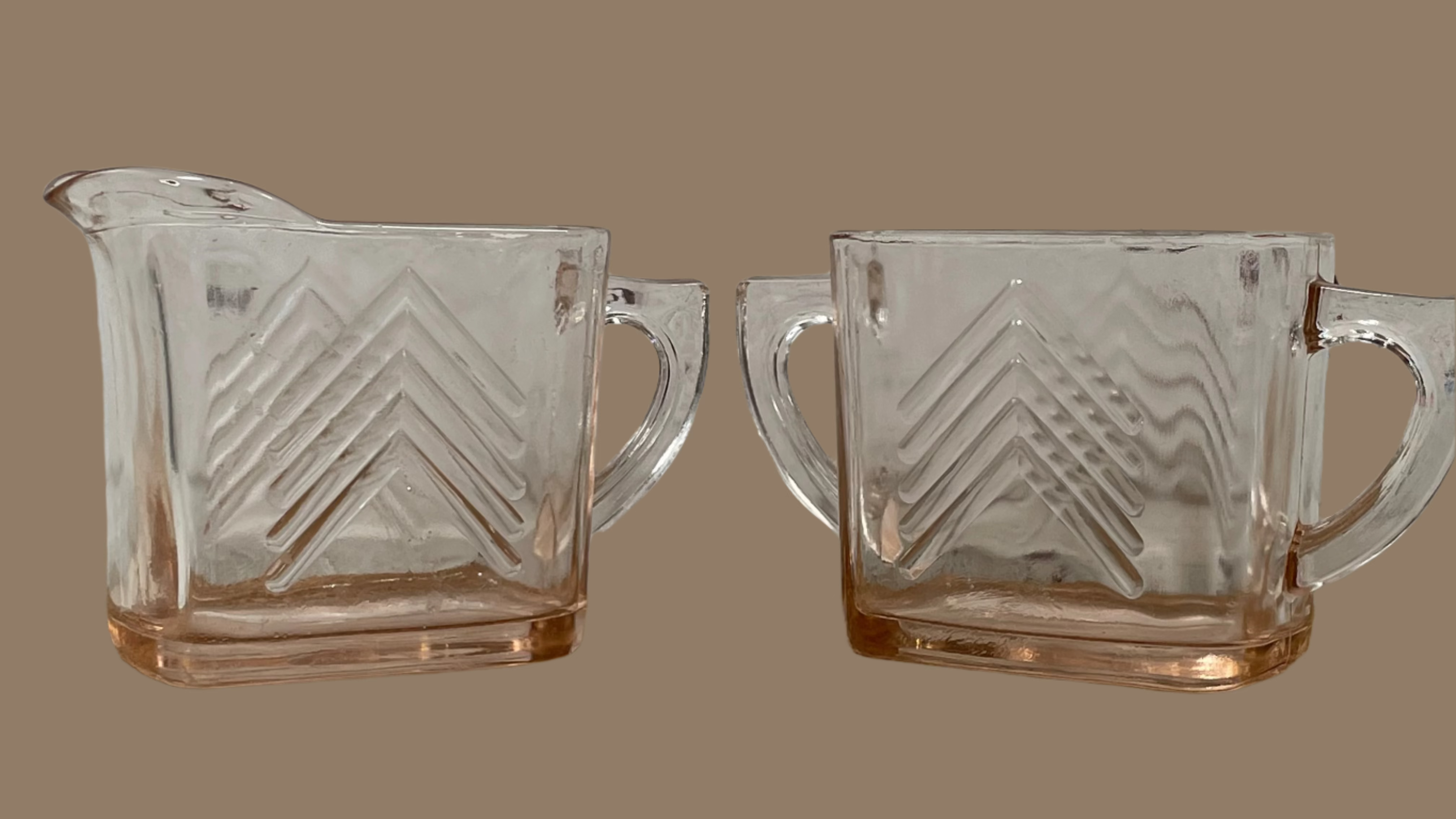 Vintage HAZEL ATLAS PINK Chevron Cream & Sugar Set , Depression Glass.