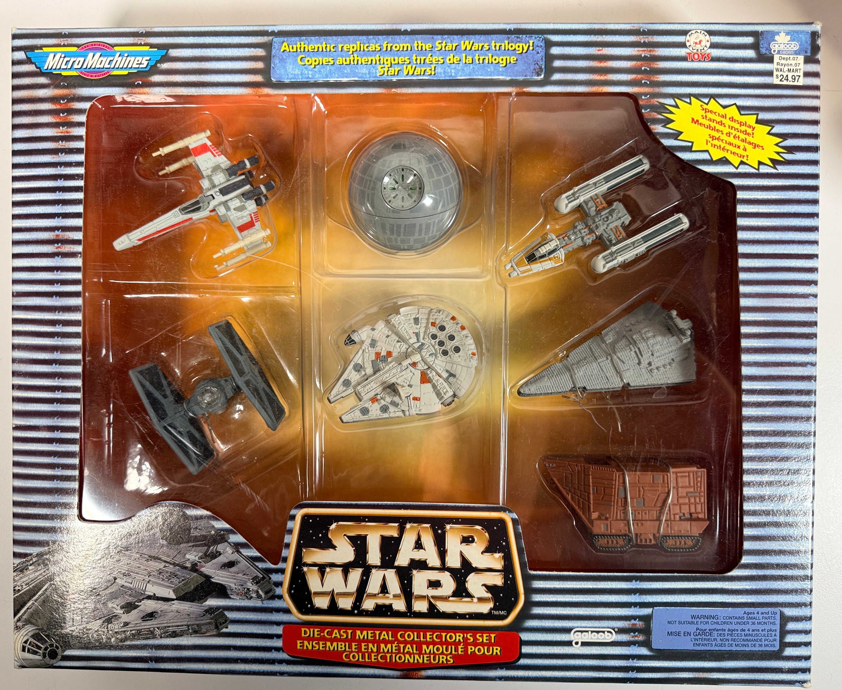 Star Wars Micro Machines die-cast collector set by Galoob. Includes Millennium Falcon, X-Wing, and Death Star. Vintage 1990s boxed set.