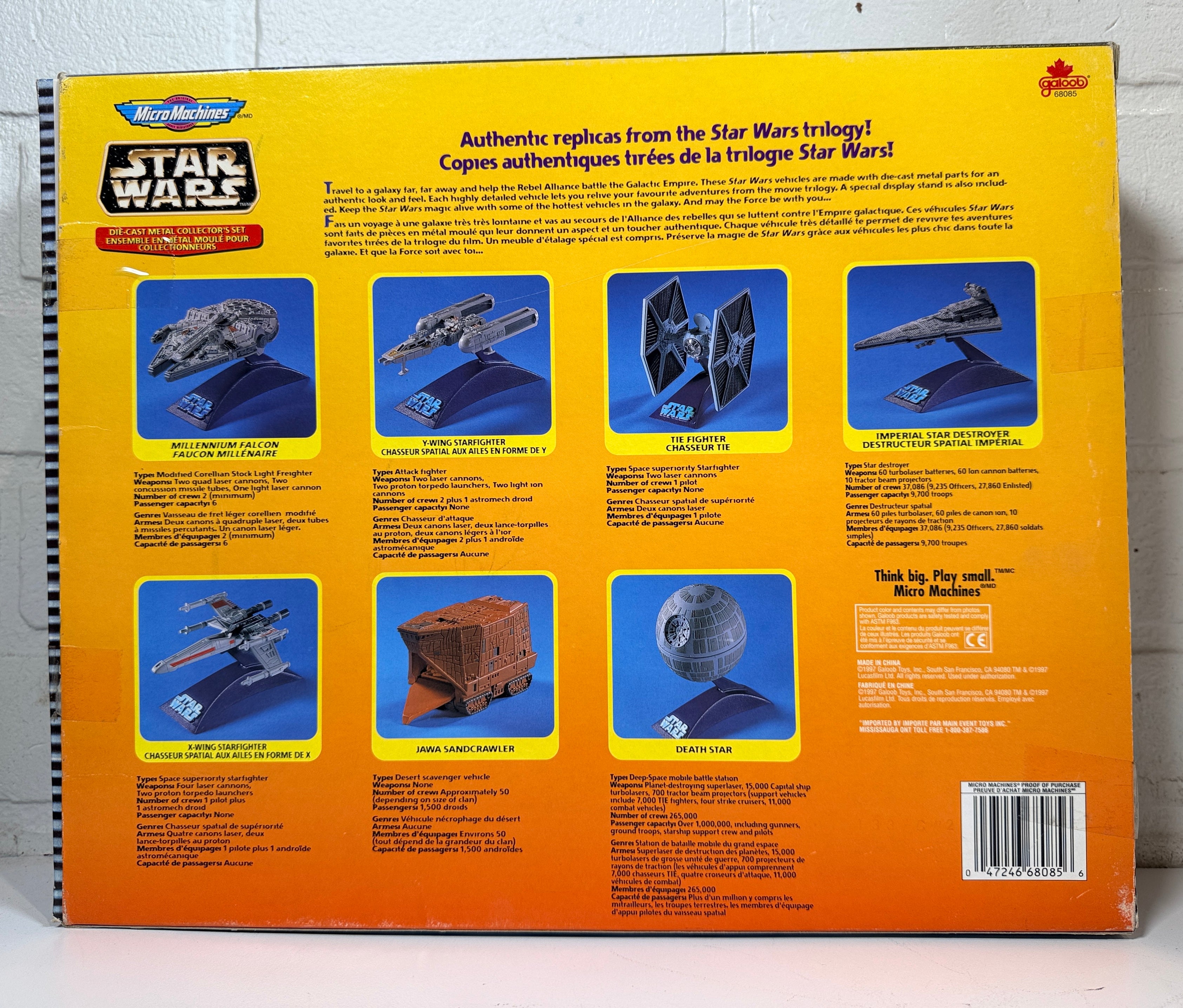 Star Wars Micro Machines die-cast collector set by Galoob. Includes Millennium Falcon, X-Wing, and Death Star. Vintage 1990s boxed set.