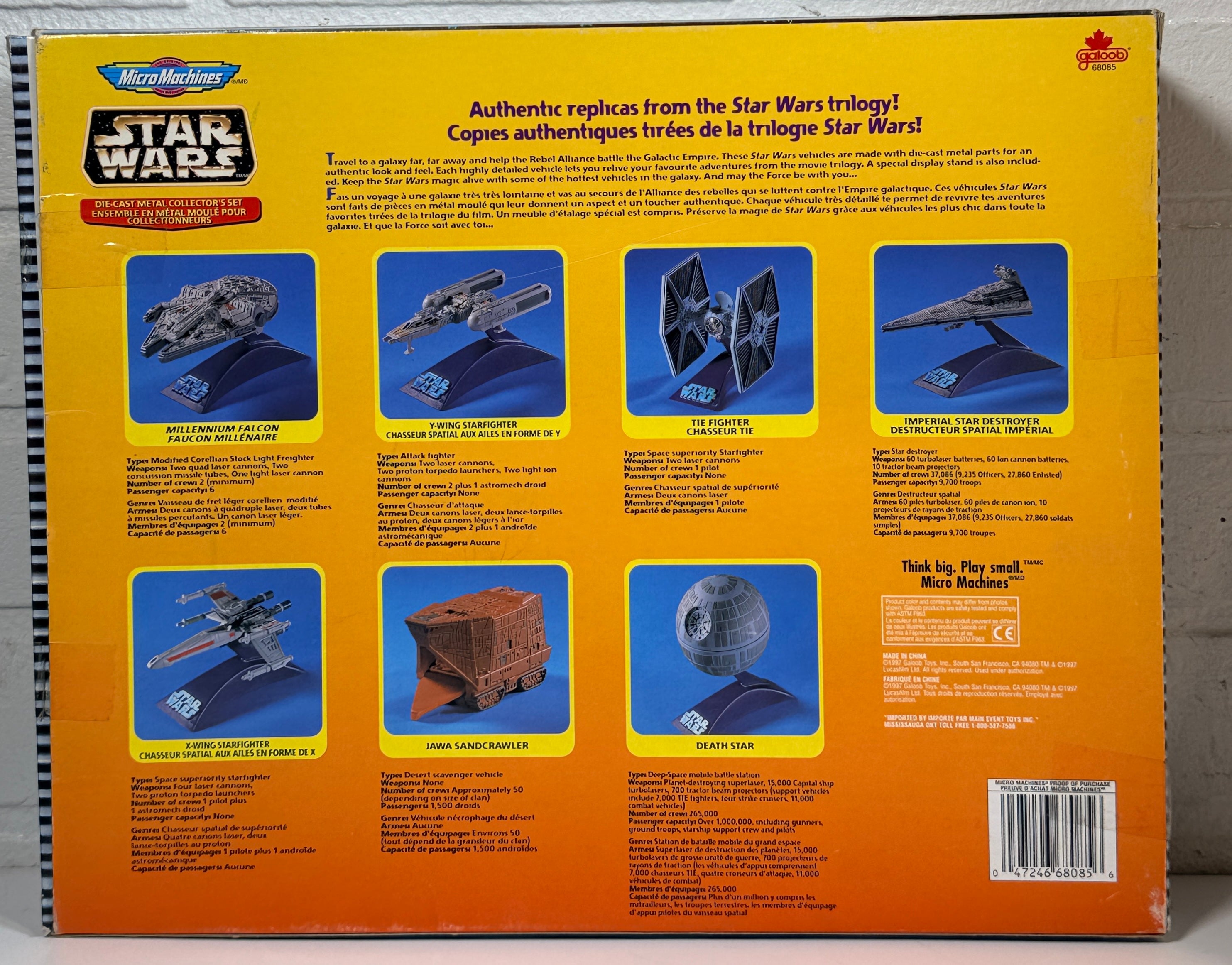 Star Wars Micro Machines die-cast collector set by Galoob. Includes Millennium Falcon, X-Wing, and Death Star. Vintage 1990s boxed set.