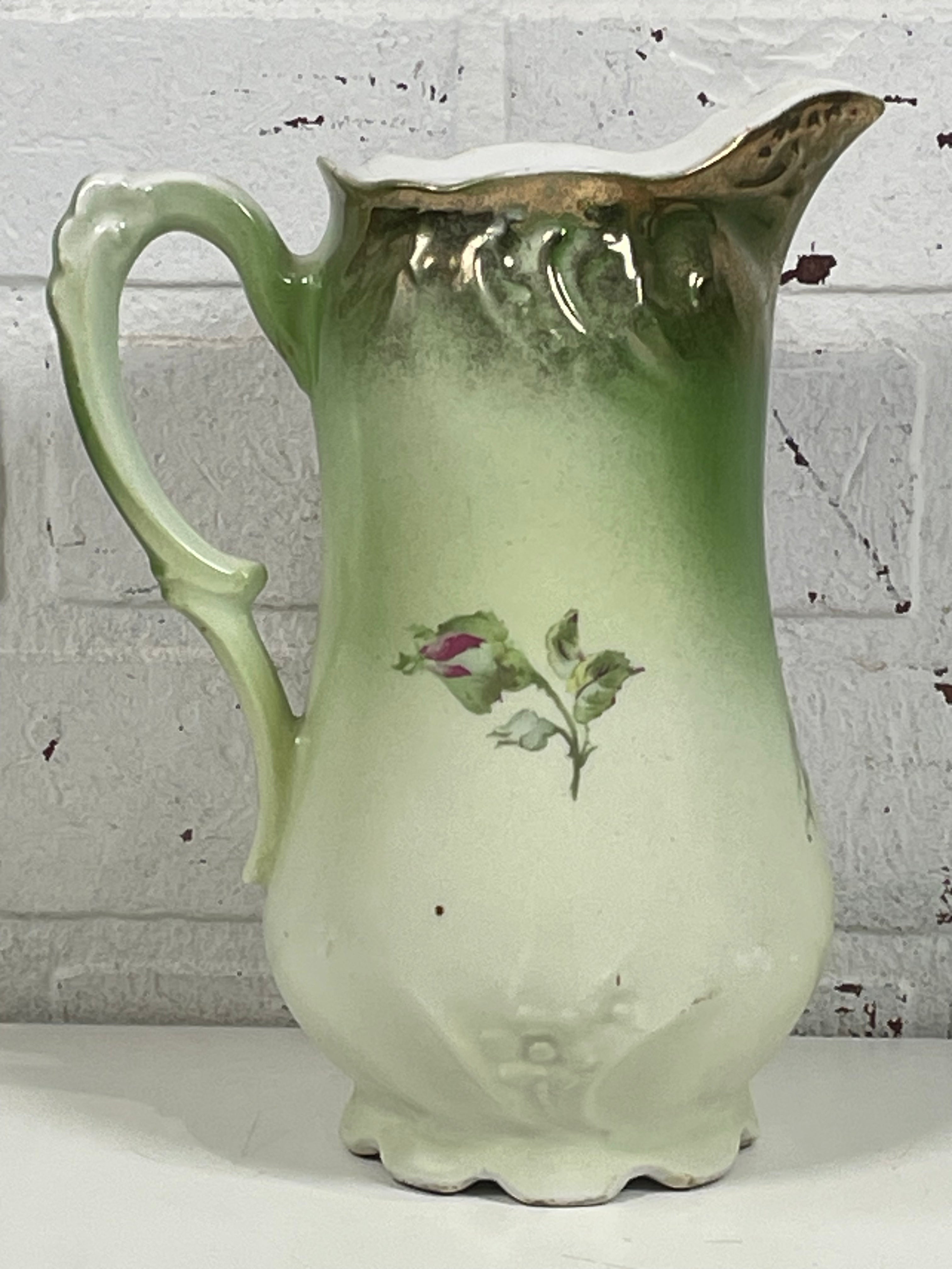 Collectible, Gorgeous Hand Painted Bavarian Floral  Pitcher. 8 in. Tall