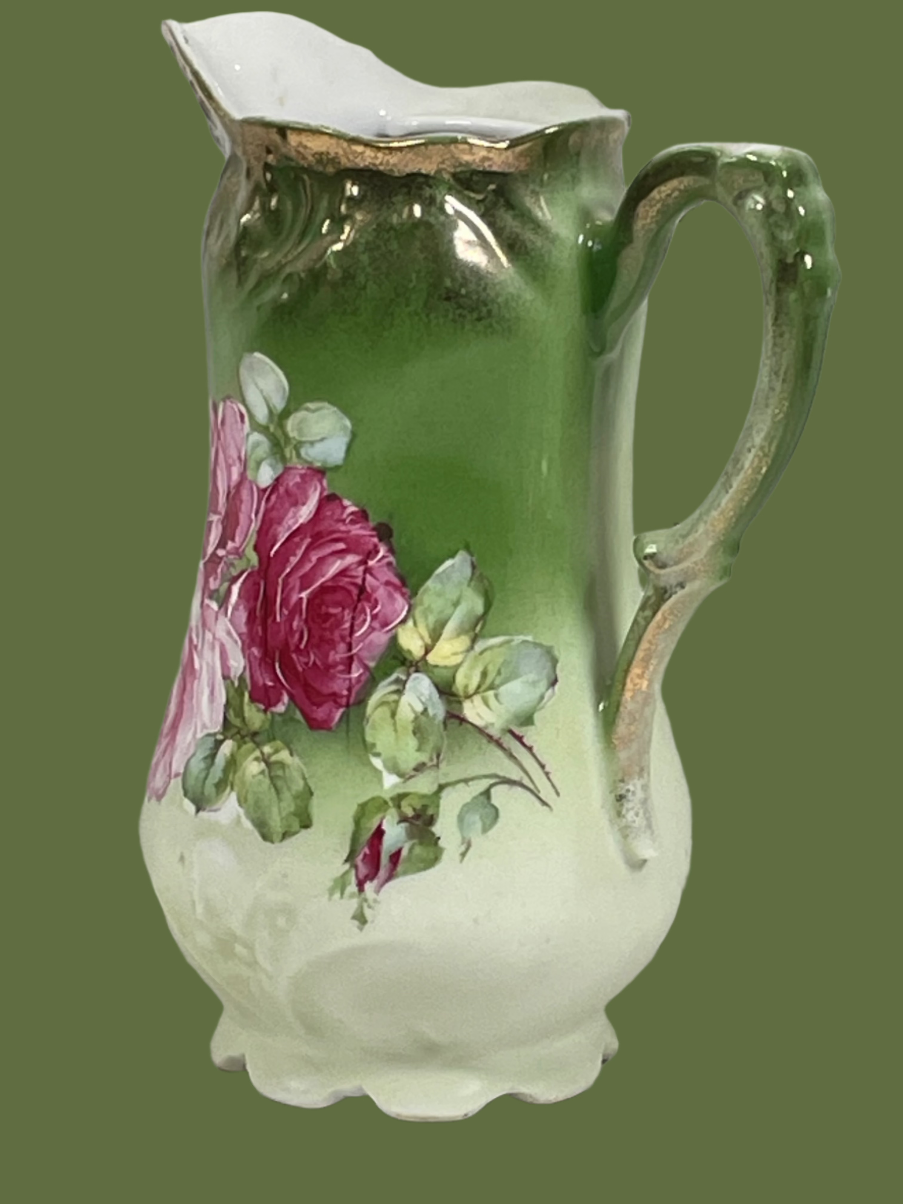 Collectible, Gorgeous Hand Painted Bavarian Floral  Pitcher. 8 in. Tall