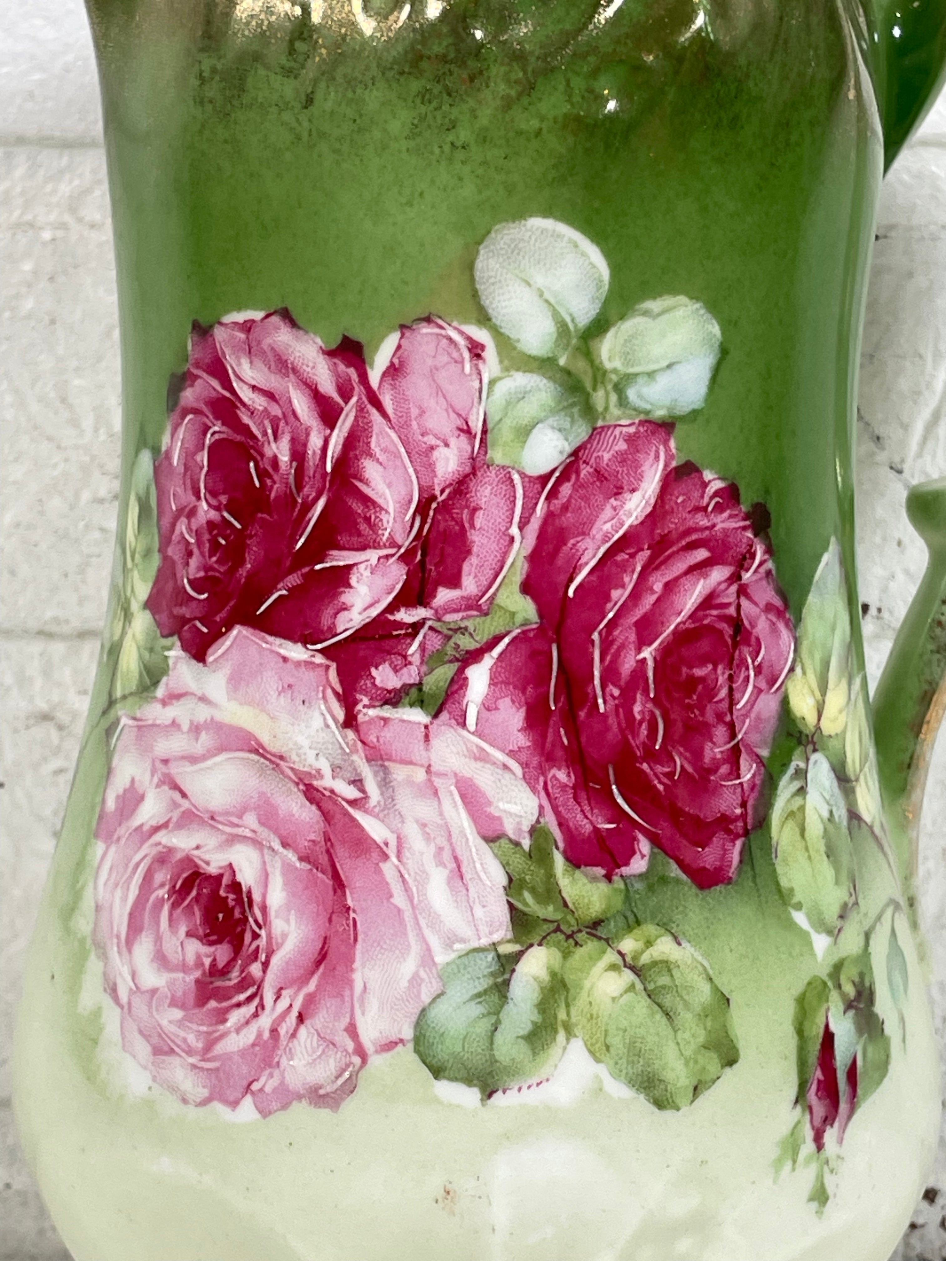 Collectible, Gorgeous Hand Painted Bavarian Floral  Pitcher. 8 in. Tall