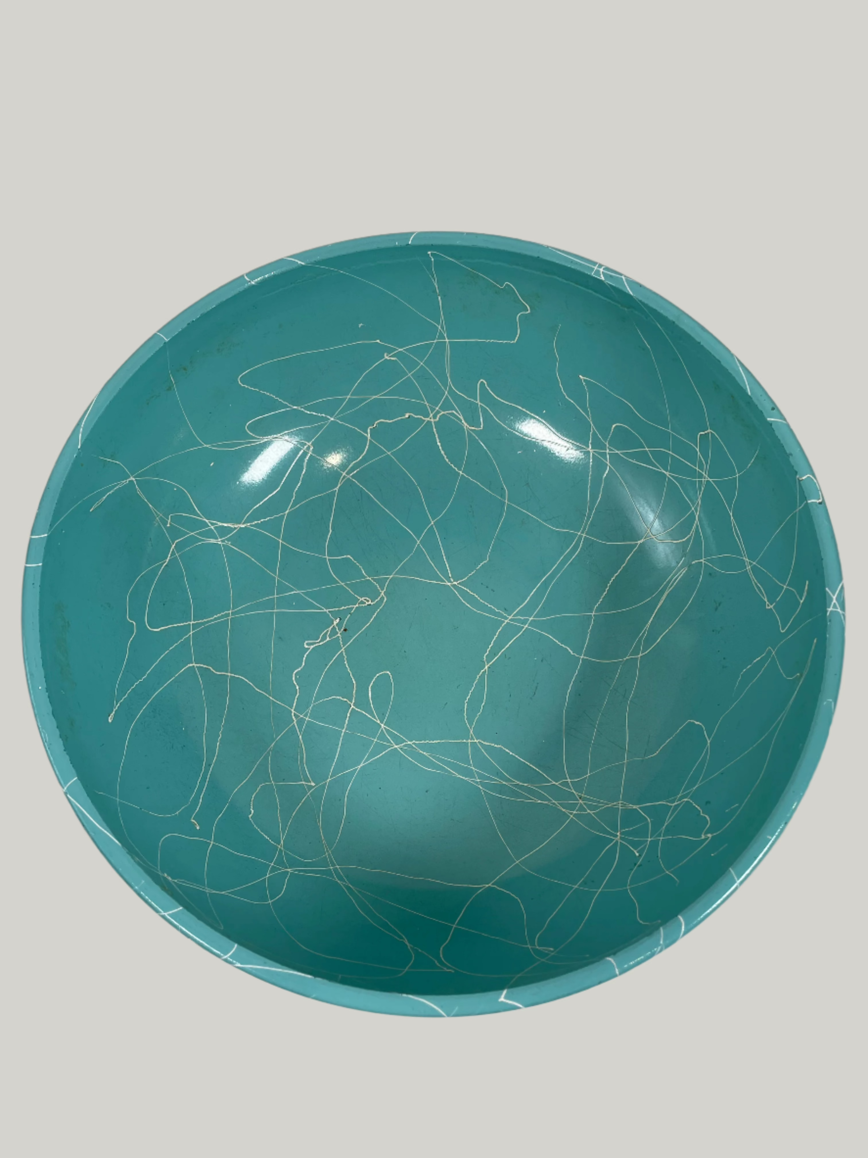 Vintage Hazel Atlas, Turquoise Spaghetti String Splatter Mixing Bowl. Diameter: 10 in.