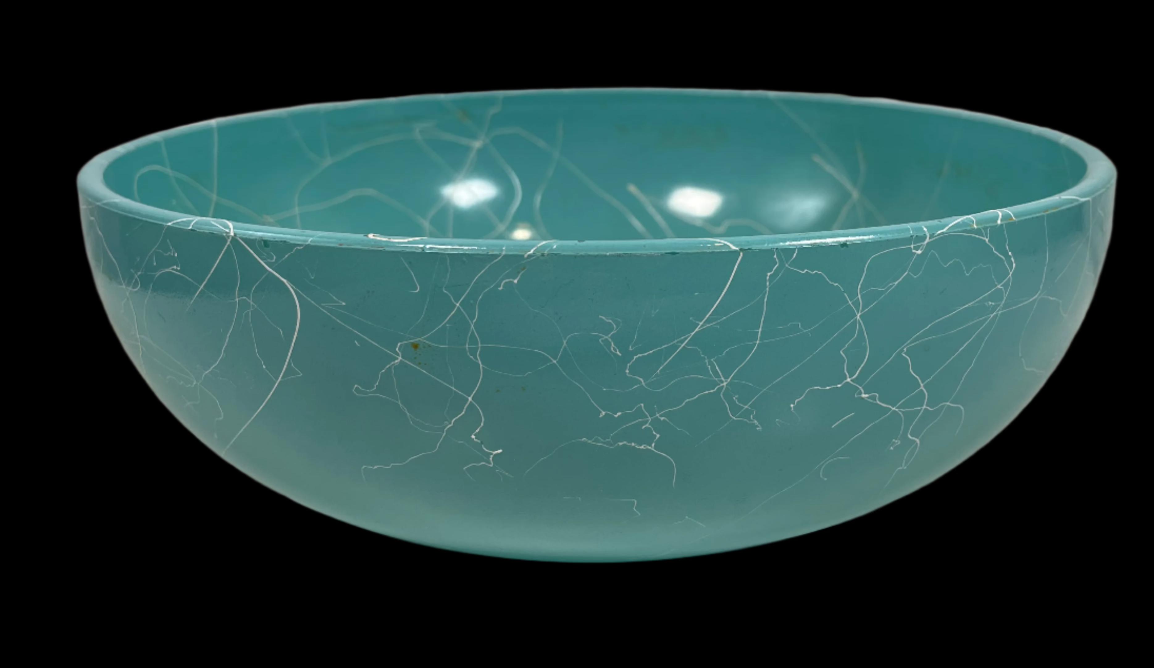 Vintage Hazel Atlas, Turquoise Spaghetti String Splatter Mixing Bowl. Diameter: 10 in.