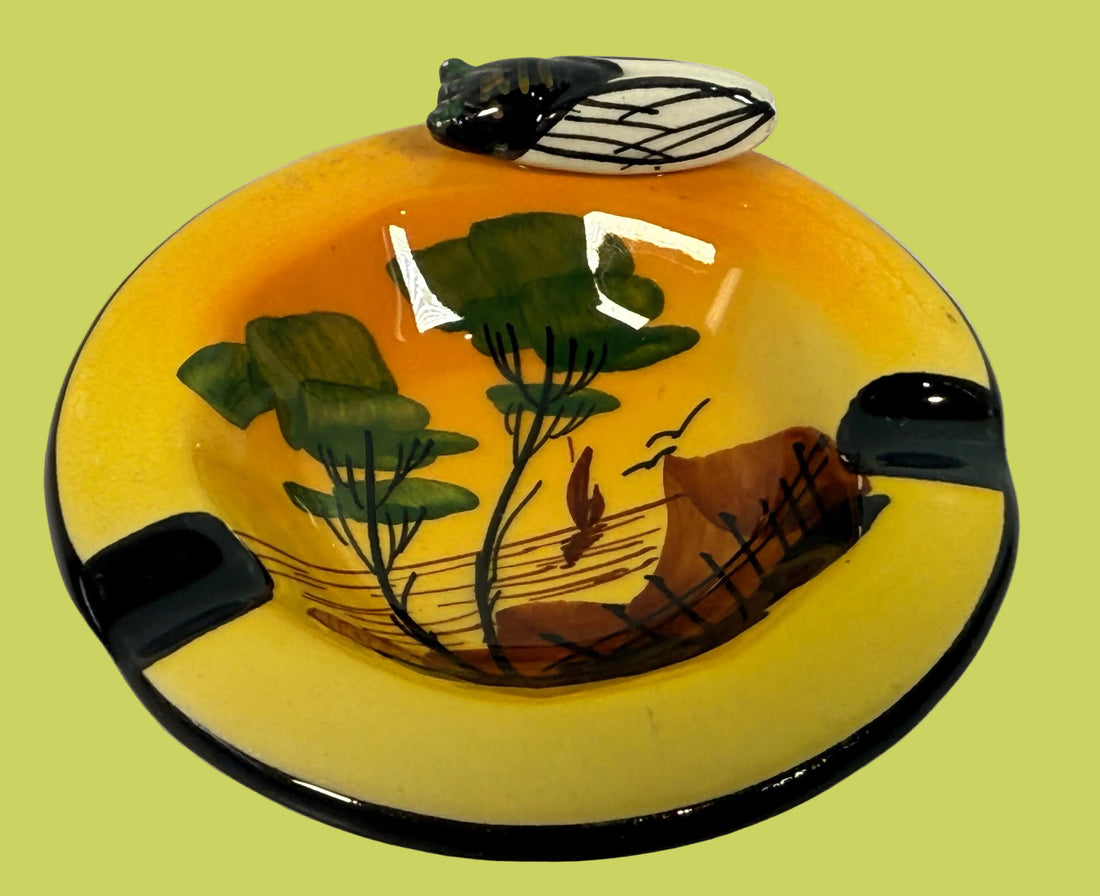 Mid-century Vallauris ashtray by Albert Ferlay with cigale lid, hand-painted landscape design. French Riviera ceramic collectible decor piece.