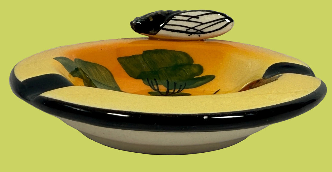 Mid-century Vallauris ashtray by Albert Ferlay with cigale lid, hand-painted landscape design. French Riviera ceramic collectible decor piece.