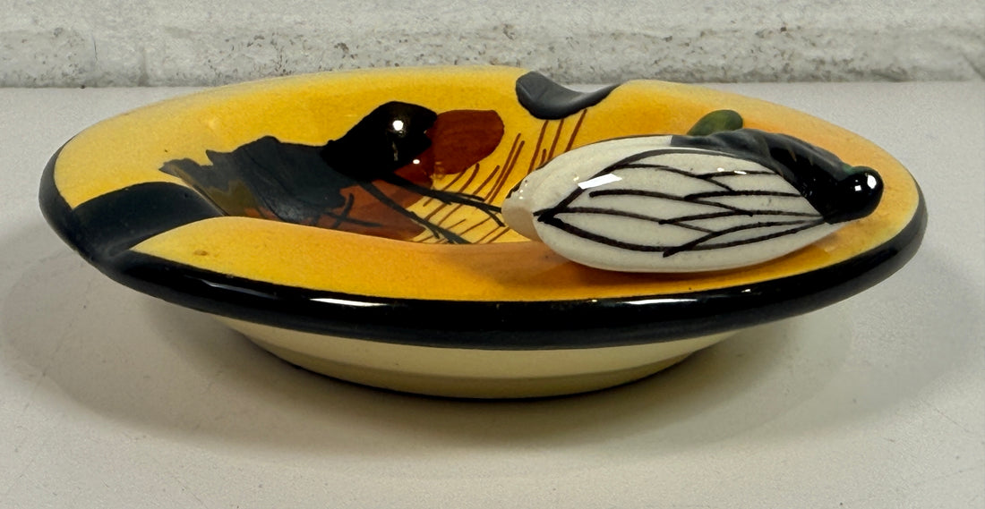 Mid-century Vallauris ashtray by Albert Ferlay with cigale lid, hand-painted landscape design. French Riviera ceramic collectible decor piece.