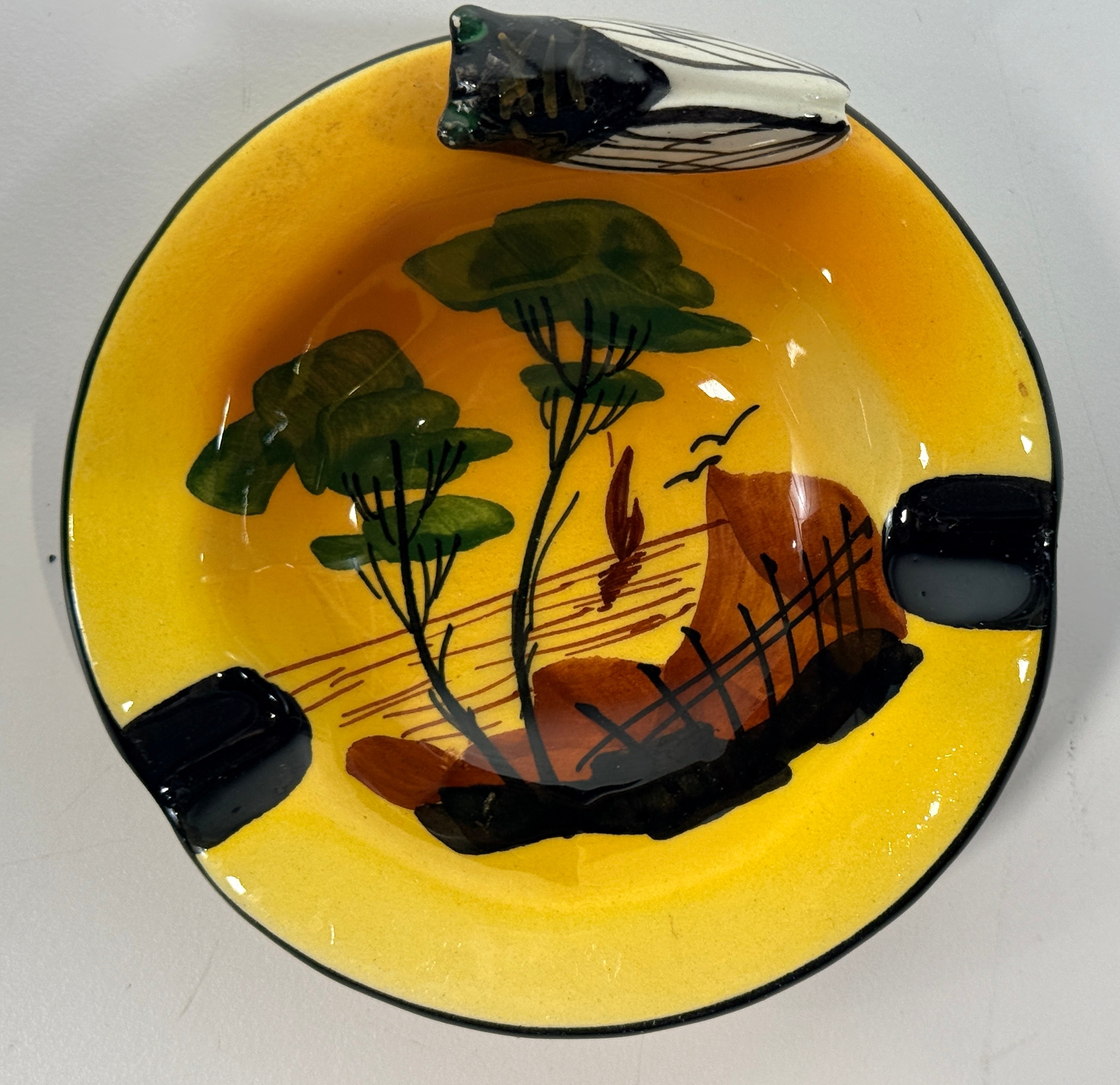 Mid-century Vallauris ashtray by Albert Ferlay with cigale lid, hand-painted landscape design. French Riviera ceramic collectible decor piece.