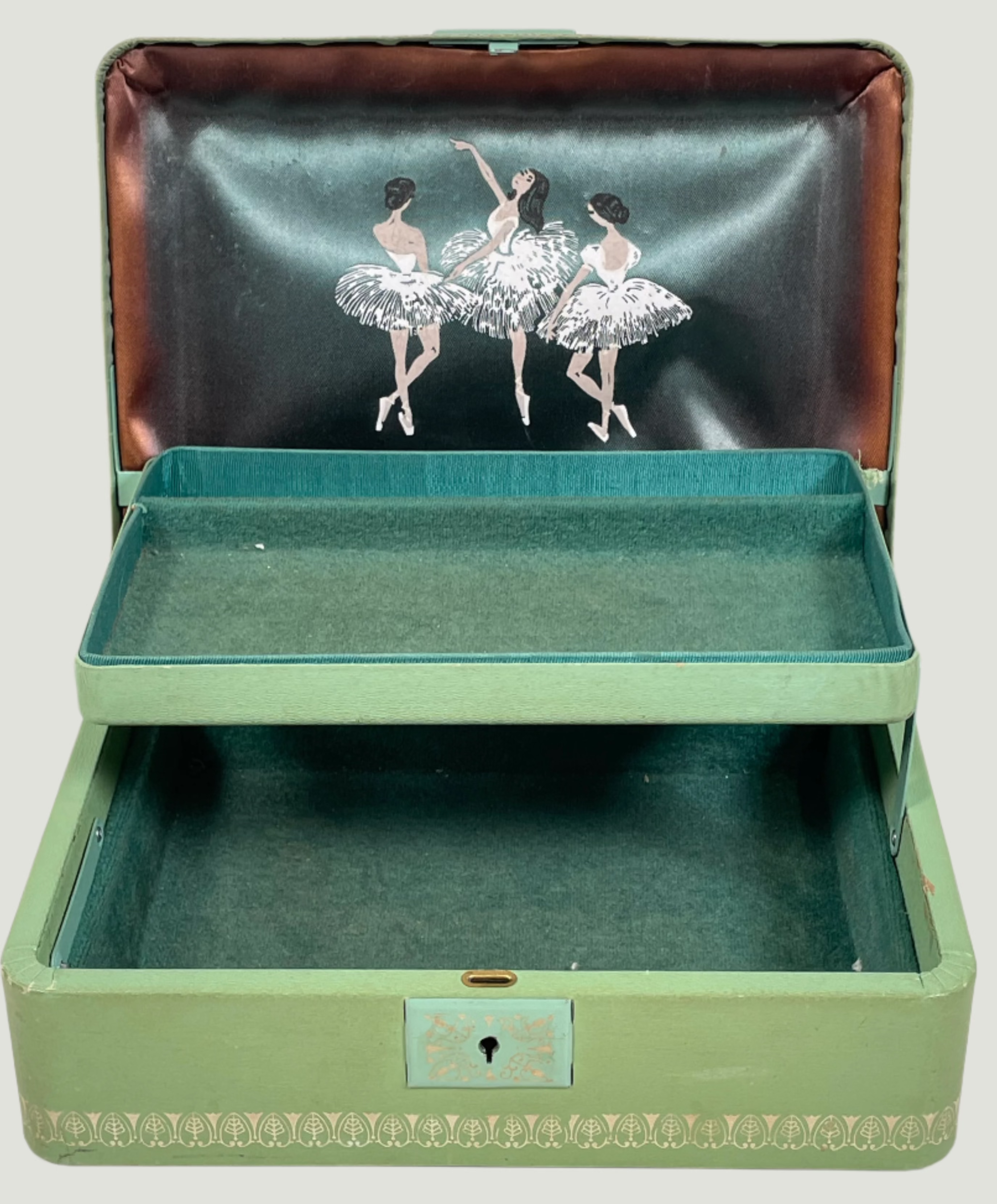 Vintage 1950s Farrington Green, Jewelry Box, Ballerina Motif Interior.