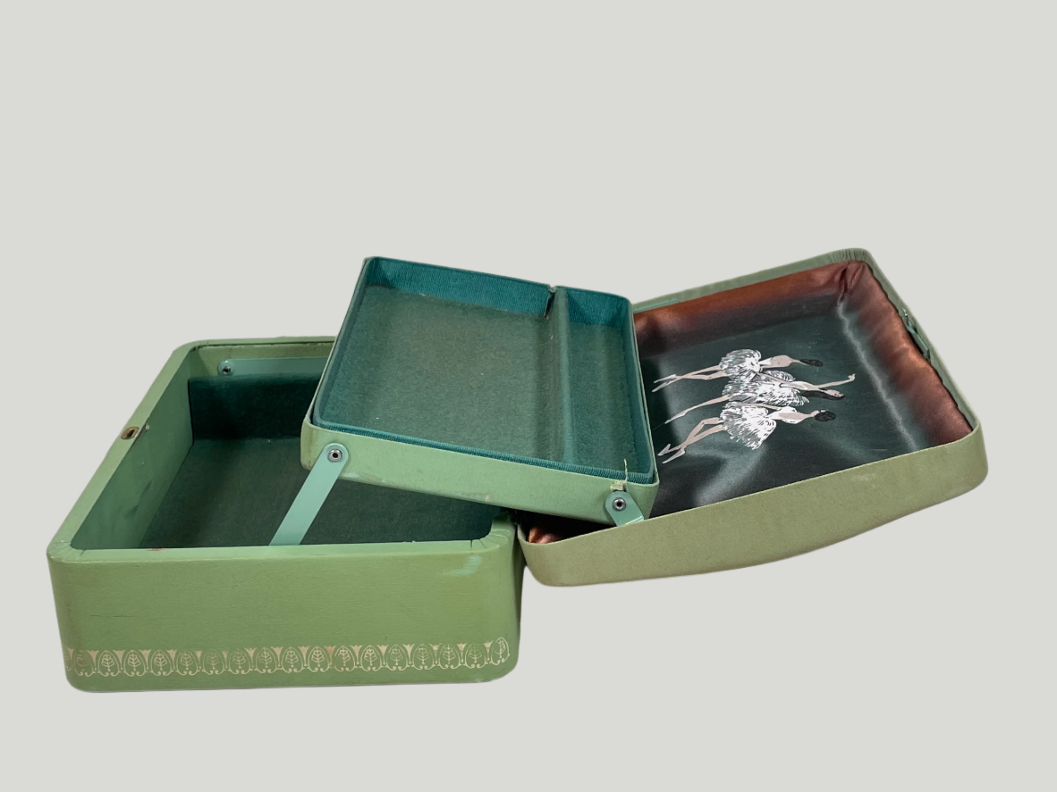 Vintage 1950s Farrington Green, Jewelry Box, Ballerina Motif Interior.