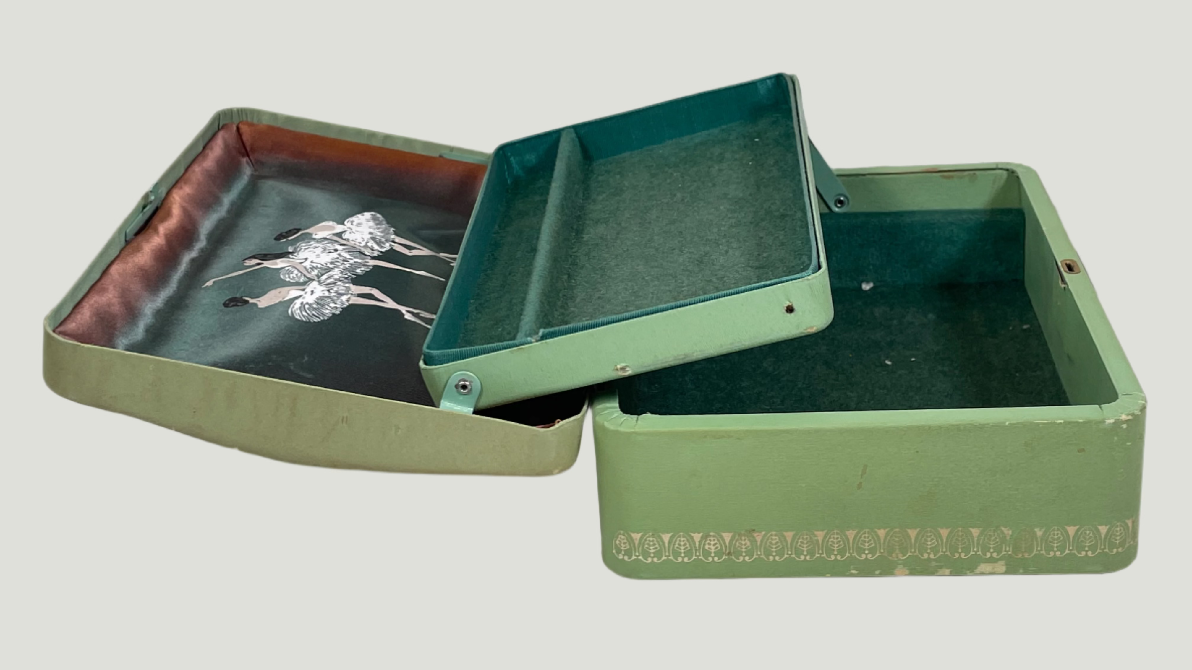 Vintage 1950s Farrington Green, Jewelry Box, Ballerina Motif Interior.