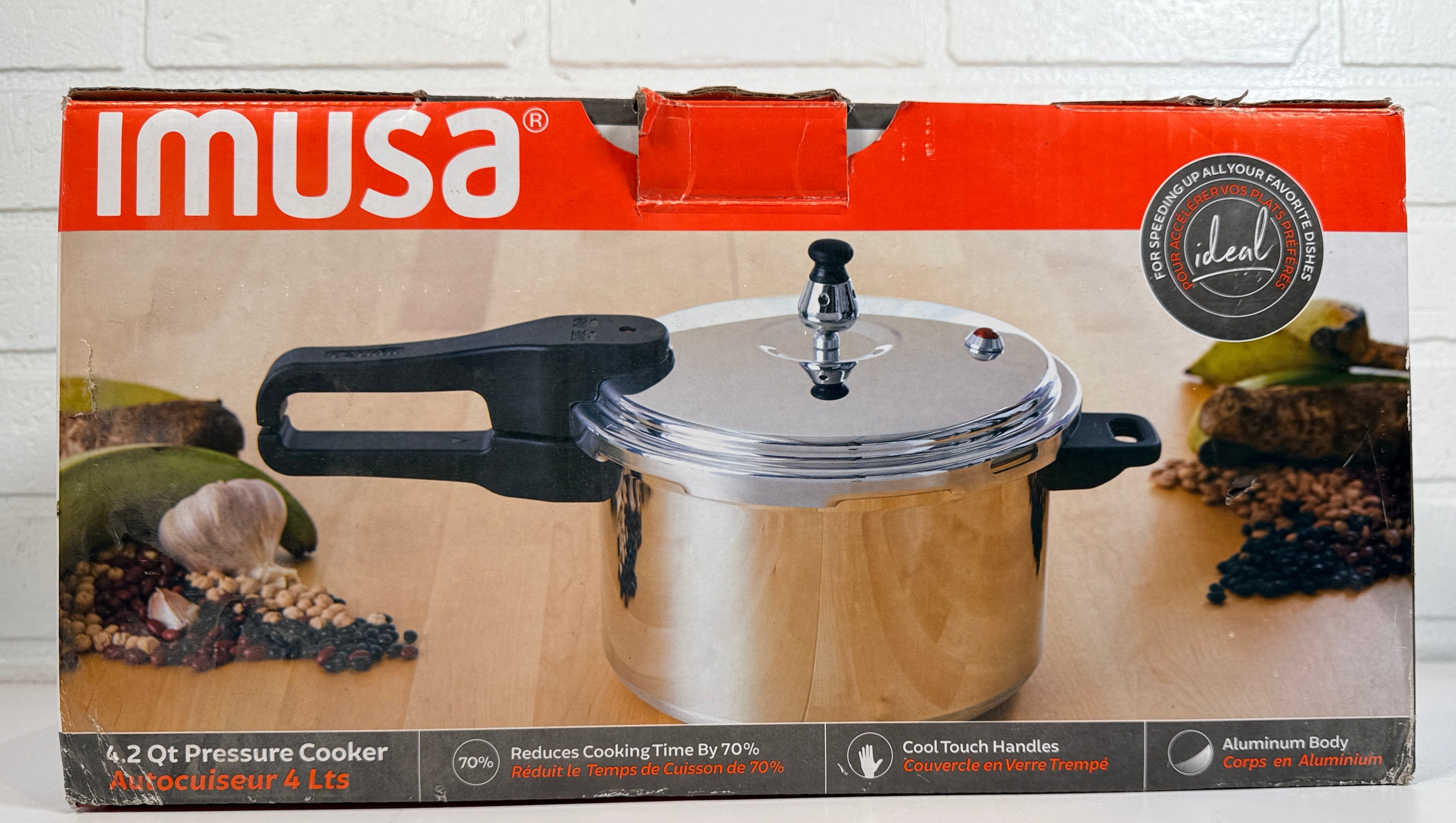 IMUSA 4.2 Qt aluminum pressure cooker open box unused complete with lid fast cooking durable kitchen essential great value vs new retail option.
