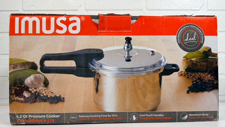 IMUSA 4.2 Qt aluminum pressure cooker open box unused complete with lid fast cooking durable kitchen essential great value vs new retail option.
