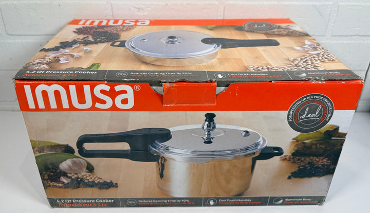 IMUSA 4.2 Qt aluminum pressure cooker open box unused complete with lid fast cooking durable kitchen essential great value vs new retail option.