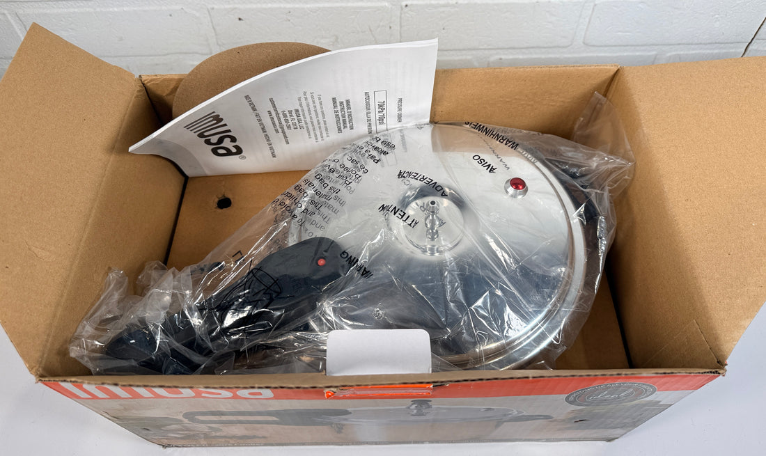 IMUSA 4.2 Qt aluminum pressure cooker open box unused complete with lid fast cooking durable kitchen essential great value vs new retail option.