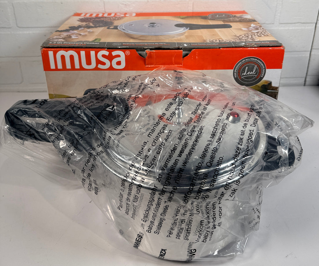 IMUSA 4.2 Qt aluminum pressure cooker open box unused complete with lid fast cooking durable kitchen essential great value vs new retail option.