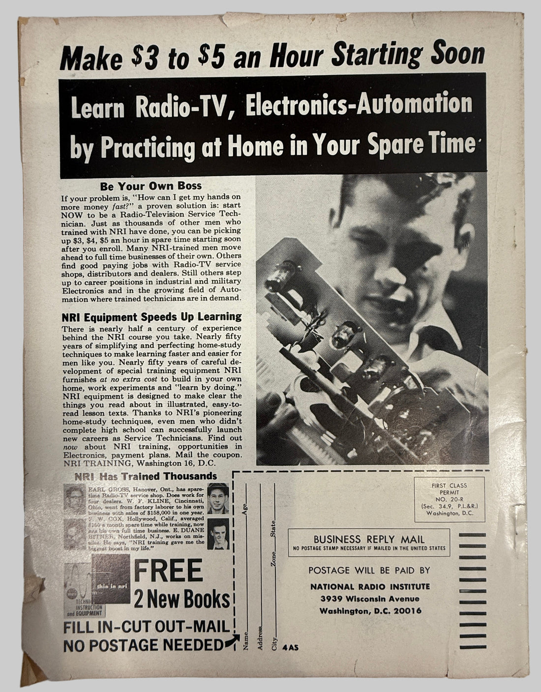 Vintage advertisement for a home-based electronics training program with a man holding equipment.