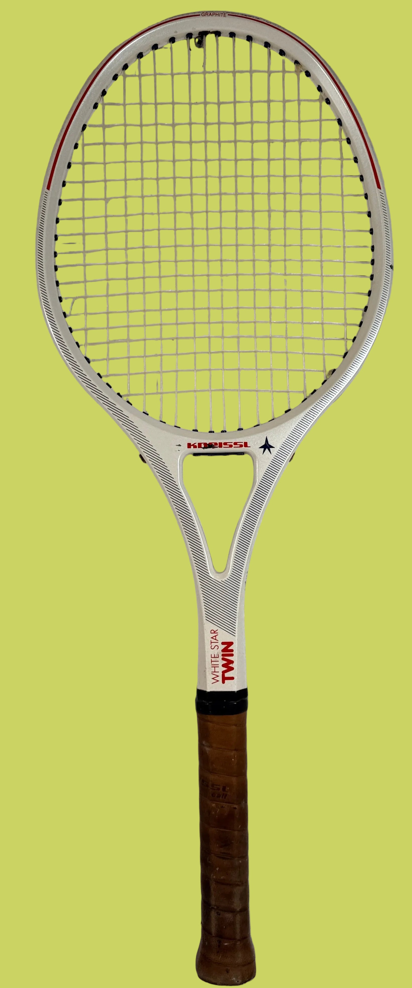 Vintage Kneissl White Star Twin tennis racquet made in Austria. Classic 1970s–80s graphite frame with leather grip. Great for display or restoration.