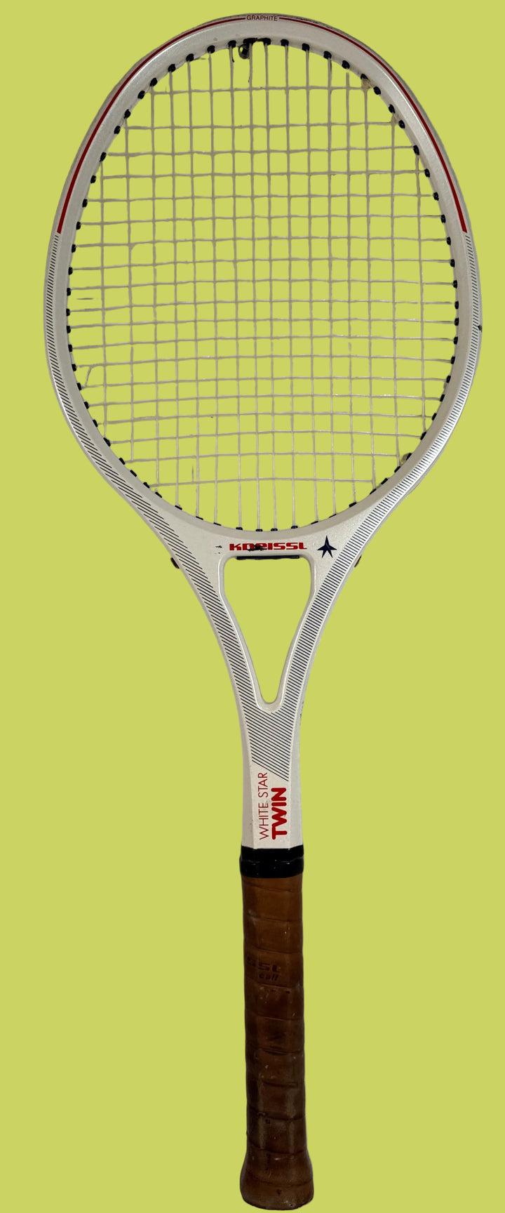Vintage Kneissl White Star Twin tennis racquet made in Austria. Classic 1970s–80s graphite frame with leather grip. Great for display or restoration.