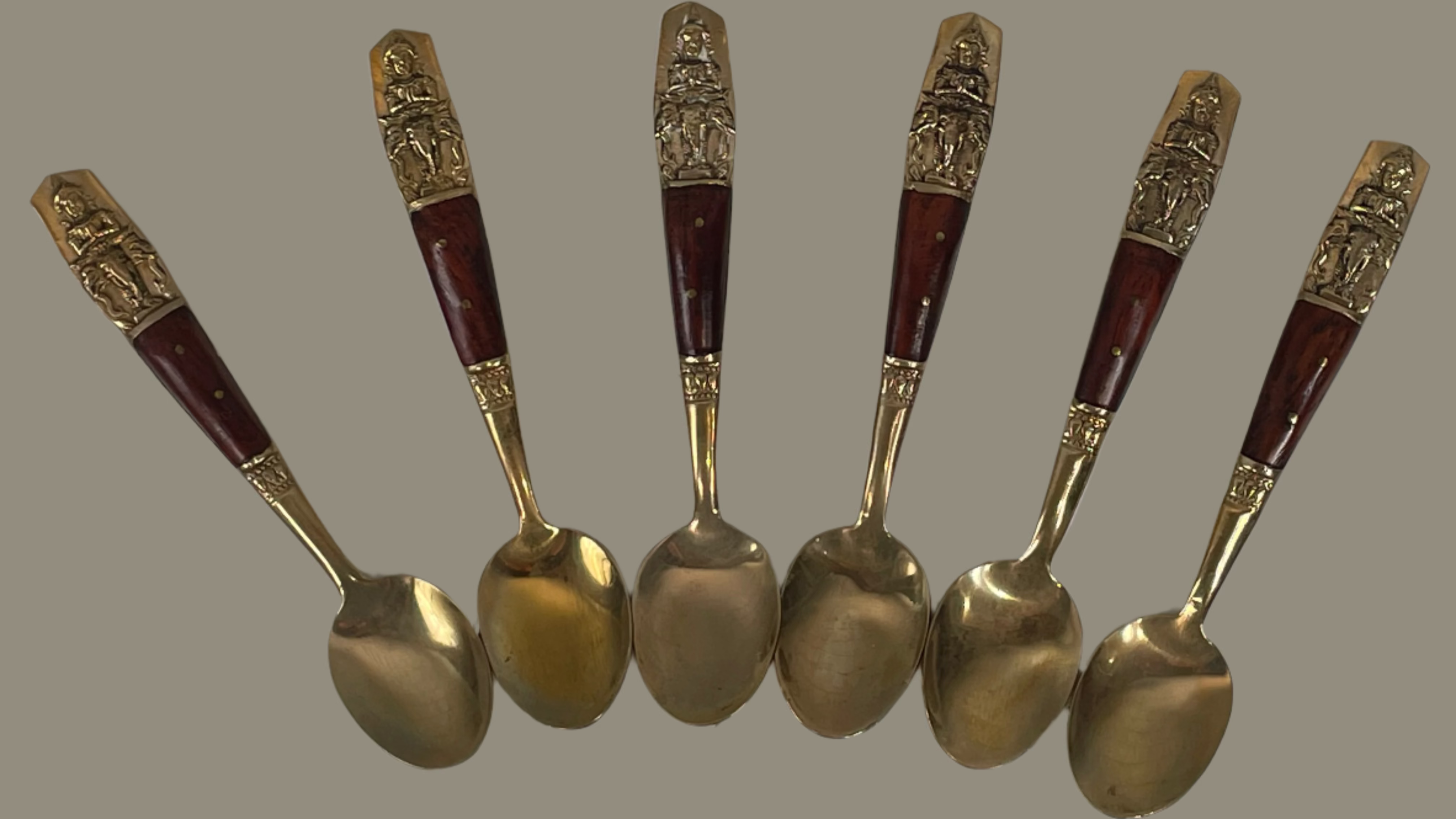 Ensemble de 5 cuillères à café vintage Thaïlande, nickel/bronze, manche en bois de teck.