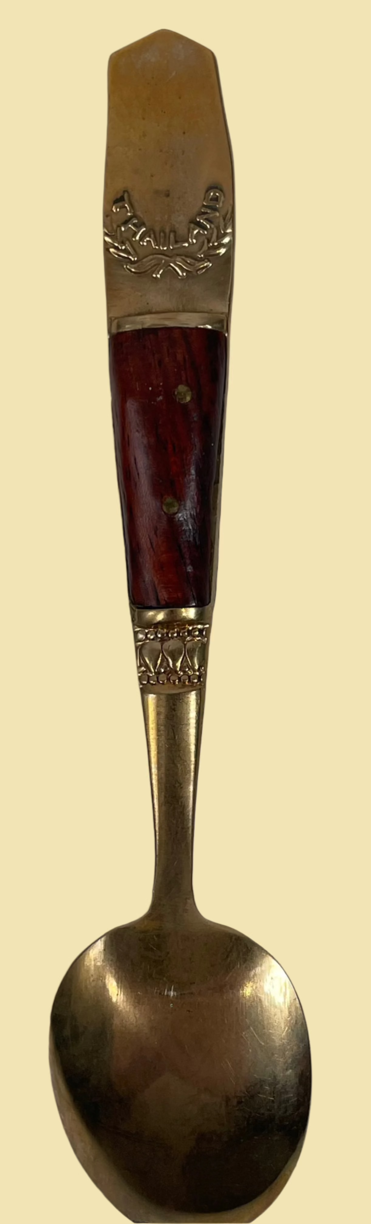 Ensemble de 5 cuillères à café vintage Thaïlande, nickel/bronze, manche en bois de teck.