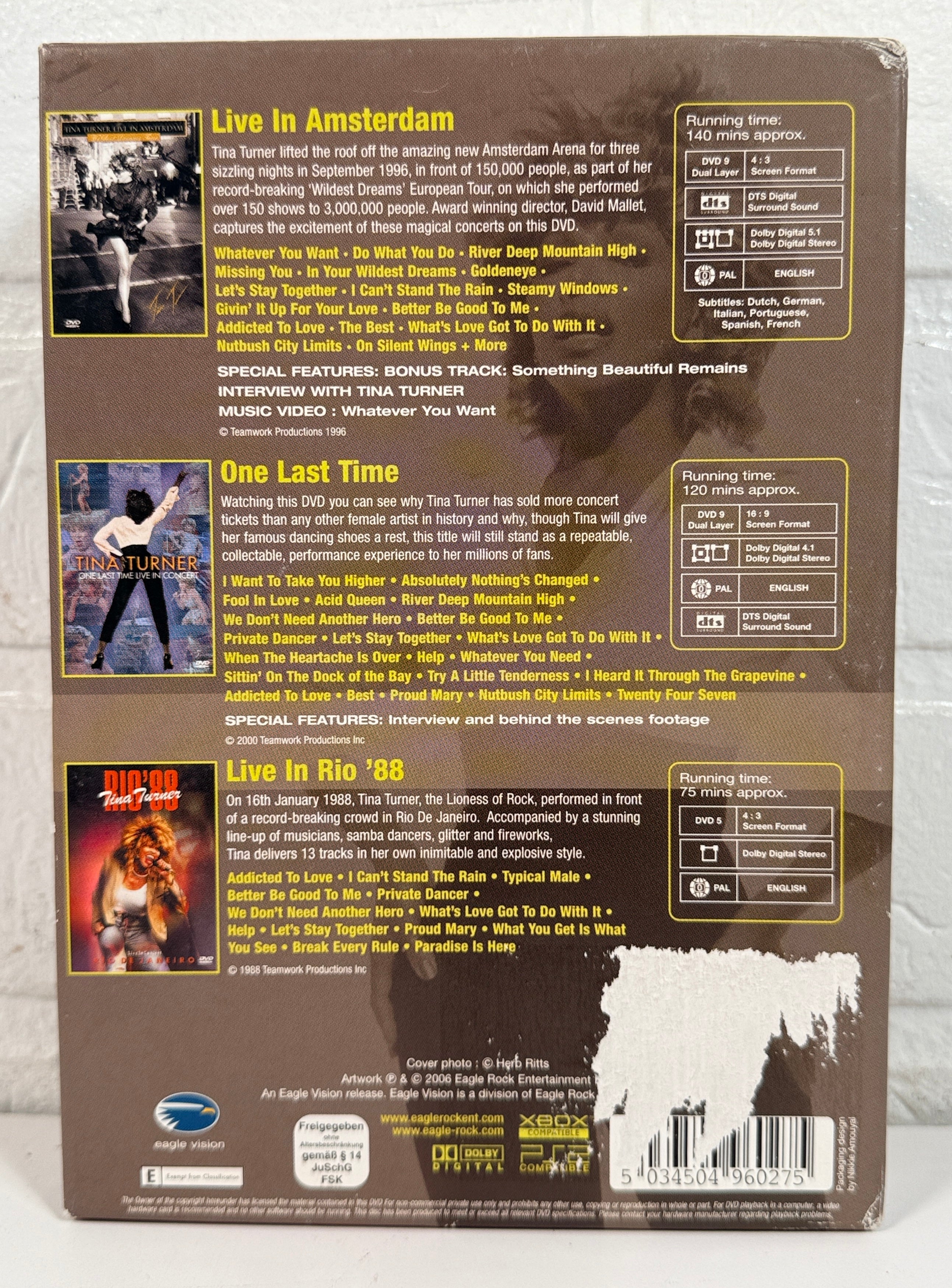 Tina Turner Collector’s Edition 3 DVD concert box set with Live in Amsterdam, Rio 88 and One Last Time. Classic hits and iconic performances.