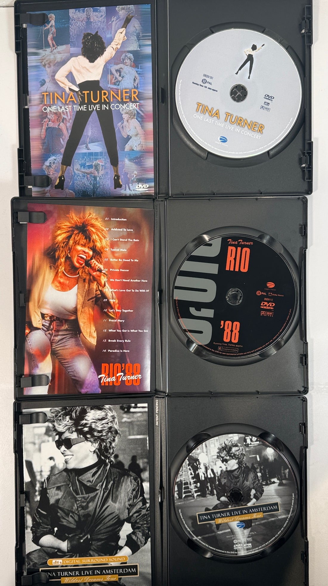 Tina Turner Collector’s Edition 3 DVD concert box set with Live in Amsterdam, Rio 88 and One Last Time. Classic hits and iconic performances.