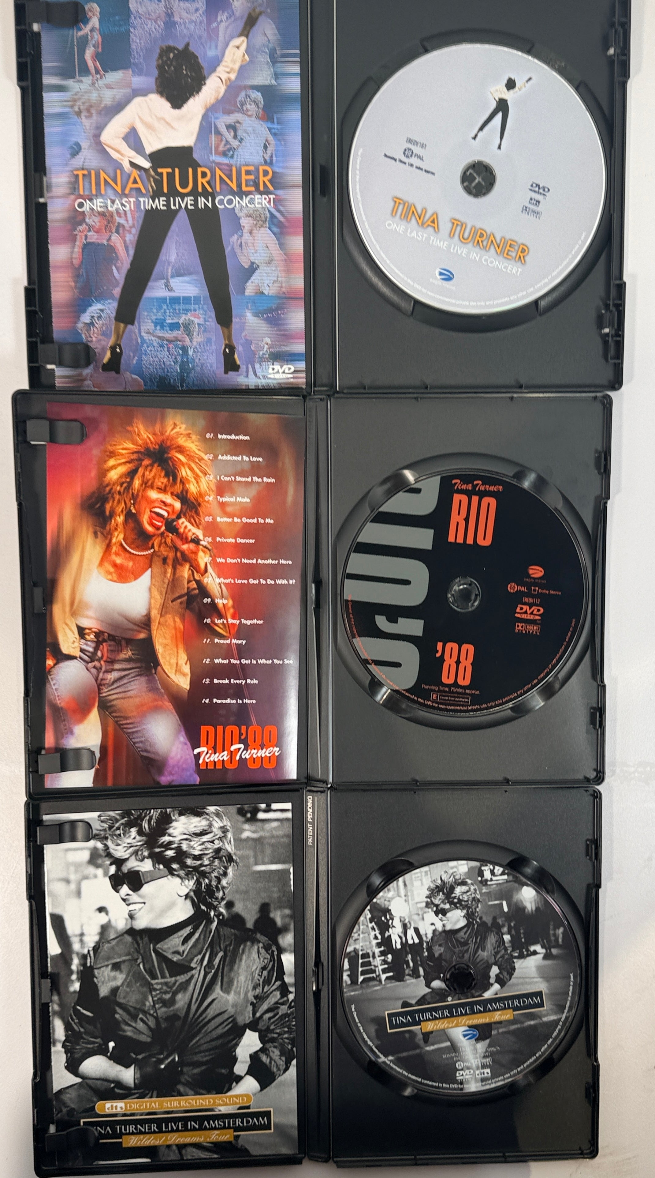 Tina Turner Collector’s Edition 3 DVD concert box set with Live in Amsterdam, Rio 88 and One Last Time. Classic hits and iconic performances.