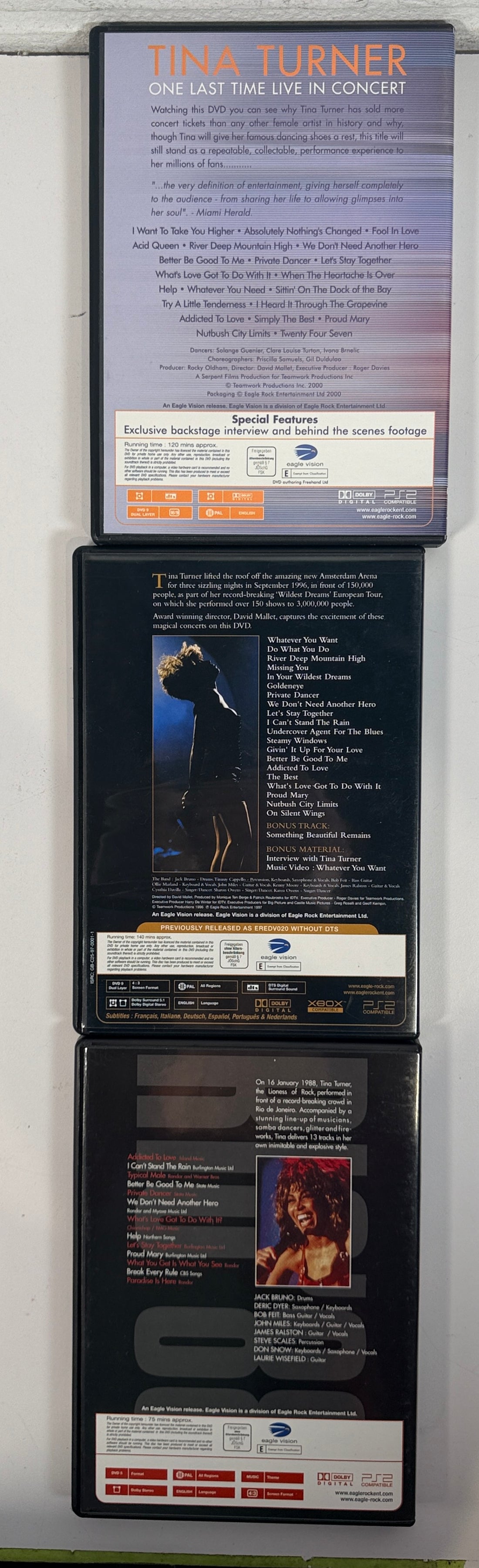 Tina Turner Collector’s Edition 3 DVD concert box set with Live in Amsterdam, Rio 88 and One Last Time. Classic hits and iconic performances.